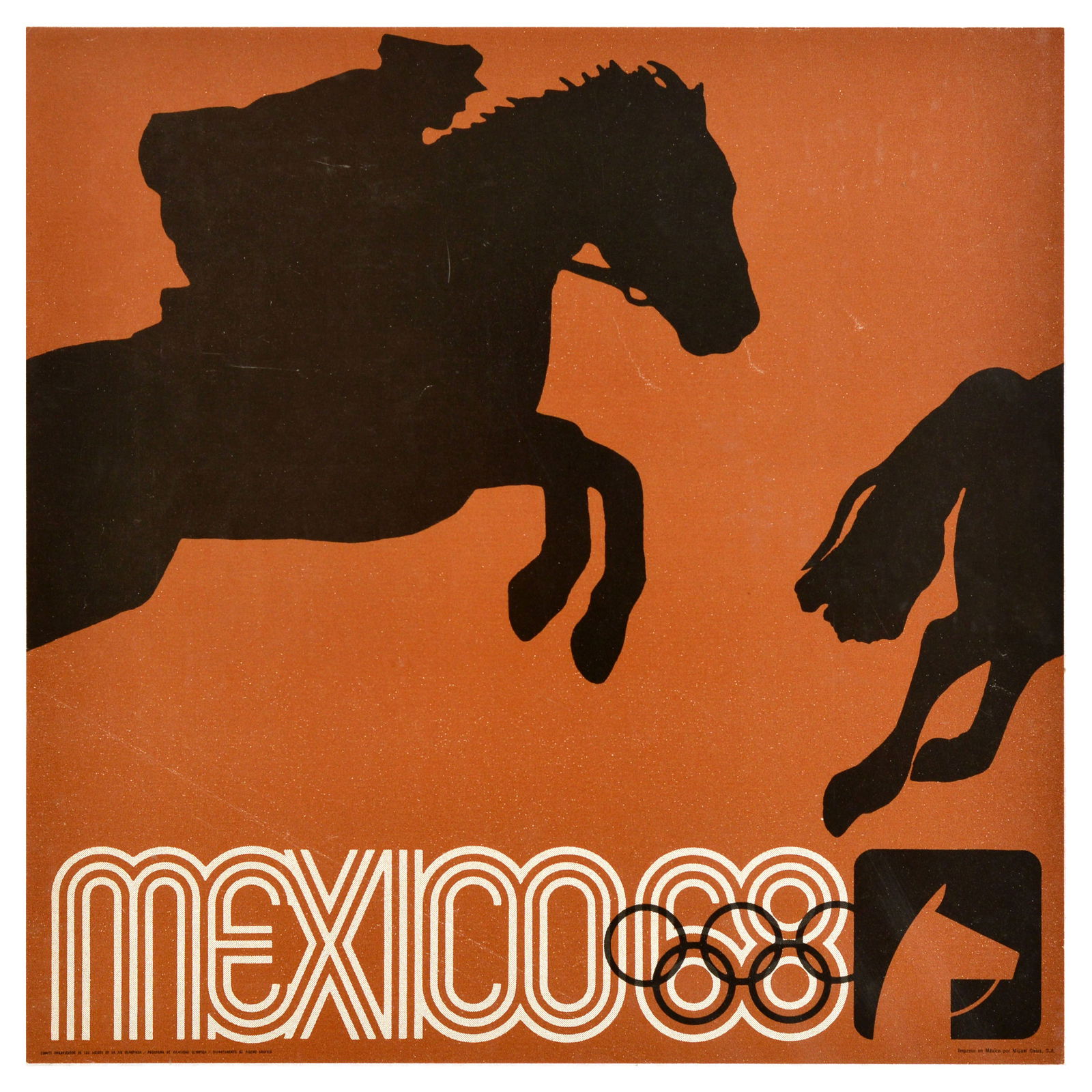 Sport Poster Mexico Olympic Games 1968 Equestrian: Original vintage sport poster for the 1968 Mexico Olympic Games officially known as the Games of the XIX Olympiad held from 12-27 October 1968, featuring silhouettes of athletes on horses set over a b