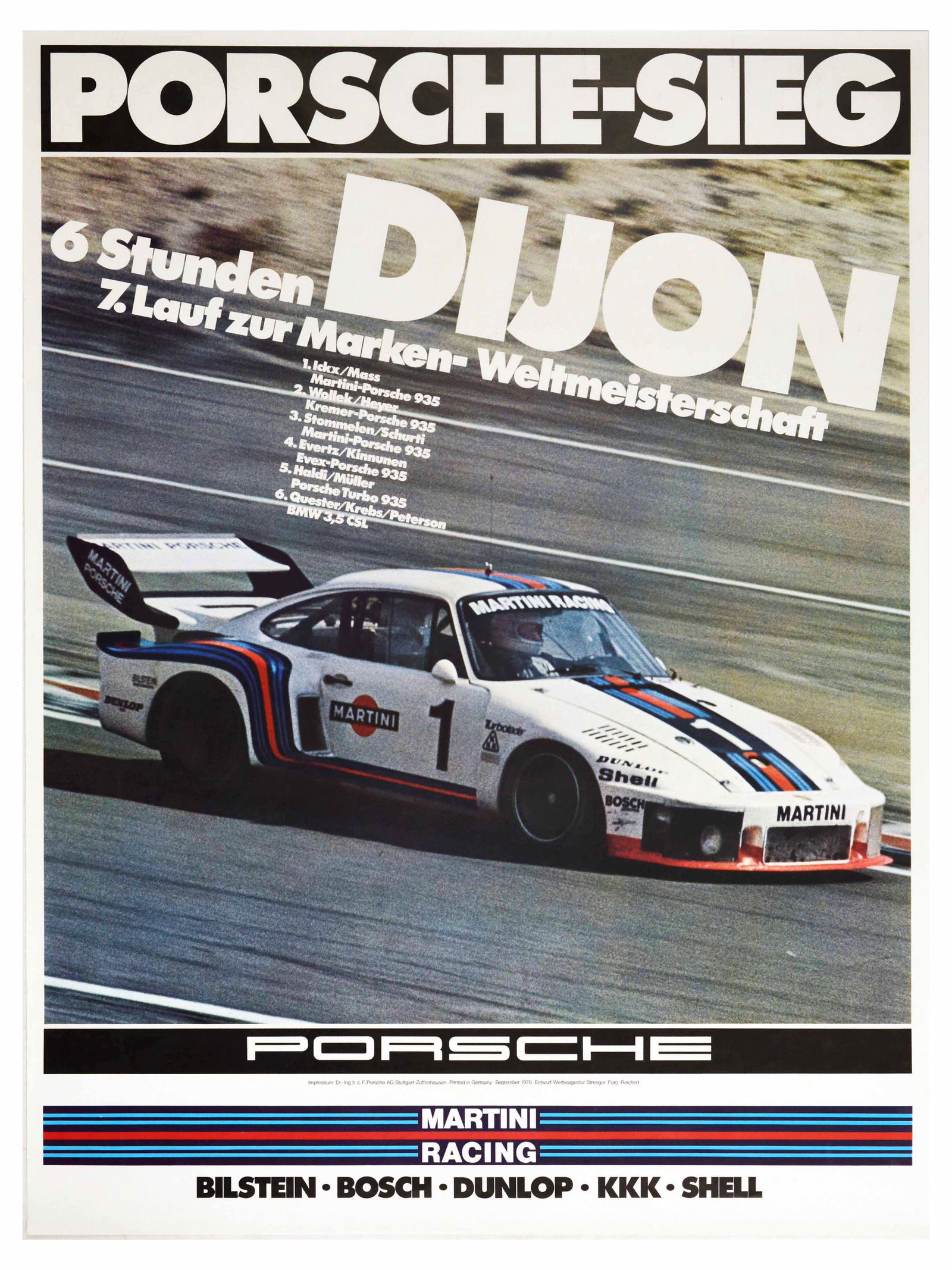 Sport Poster Porsche 935 6 Hour Dijon Ickx Mass: Original vintage motorsport poster celebrating Porsche as the 6 hour Dijon winner of the 7th World Sportscar Championship - Porsche Sieg 6 Stunden Dijon 7 Lauf zur Marken Weltmeisterschaft - featuring