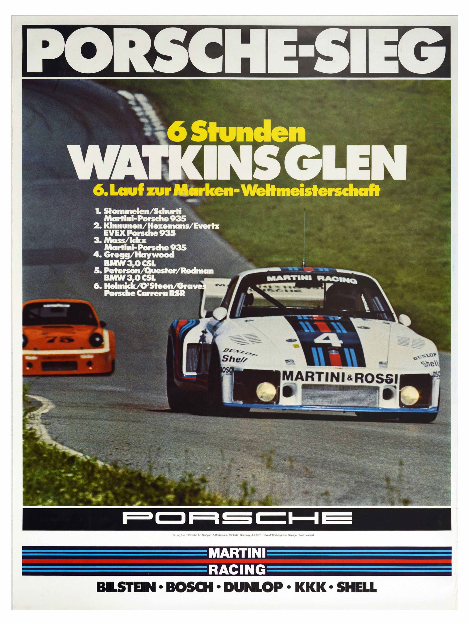 Sport Poster Porsche 935 6 Hour Watkins Glen Stommelen Schurti: Original vintage motorsport poster celebrating Porsche as winner of the 6th 6 hour Watkins Glen World Sportscar Championship - Porsche Sieg 6 Stunden Watkins Glen 6 Lauf zur Marken Weltmeisterschaft -
