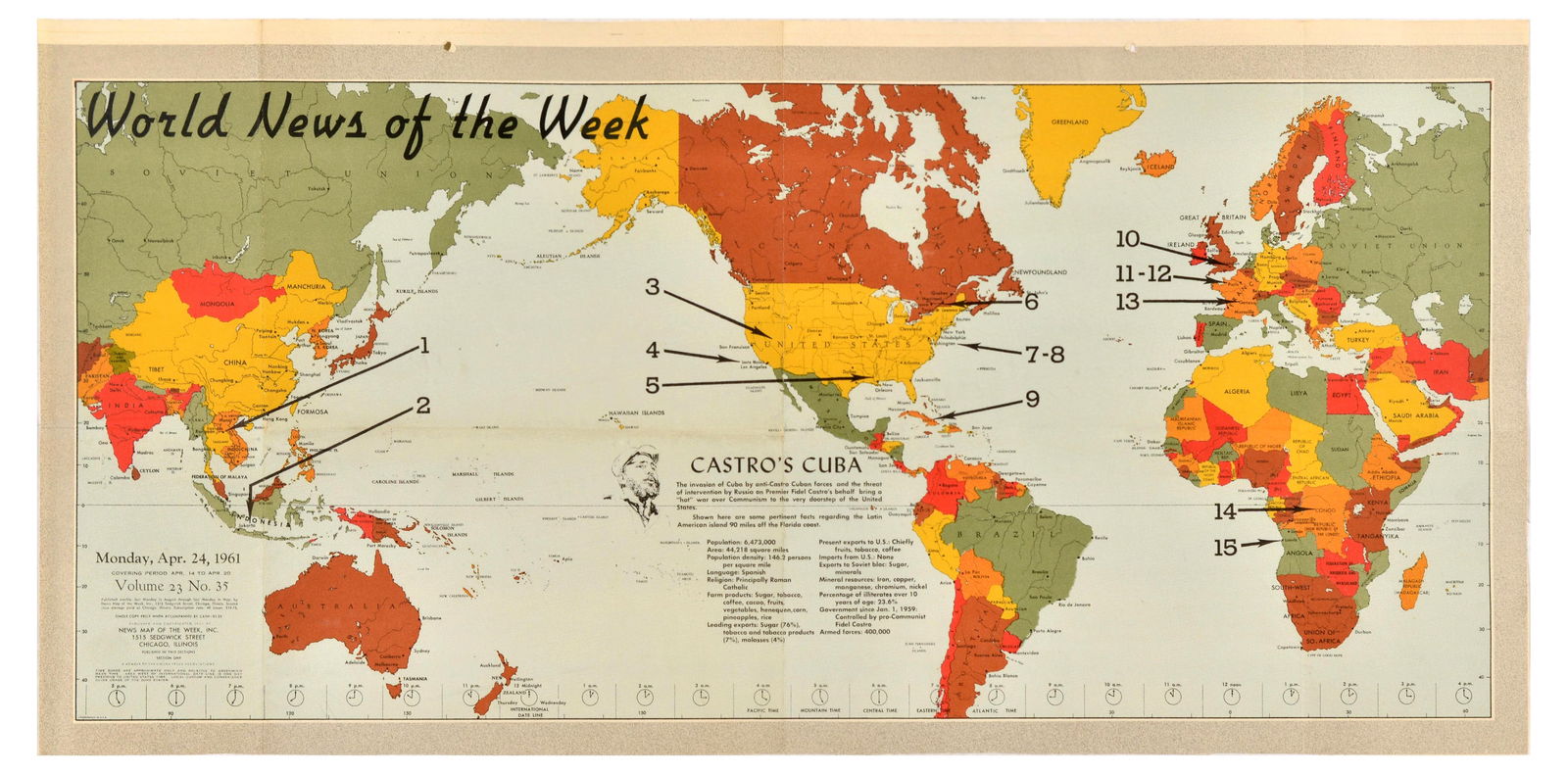 Illustrated Map Poster Set Newsweek WWII Suez: Set of 4 original vintage poster maps. 1. World News Of The Week Map from Monday 24 April 1961 covering period from 14-20 April Volume 23 No. 35, featuring an image of the world map with a short intro