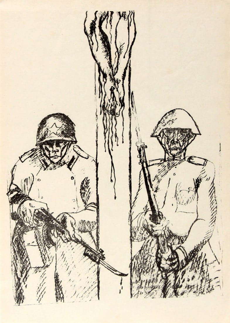 Propaganda Poster Anti Soviet Warsaw Pact Invasion Cold War: Original vintage anti-Soviet Czech propaganda poster featuring a black and white sketch depicting two Soviet soldiers standing with their bayonet rifle guns on either side of a wooden post, a man's bl
