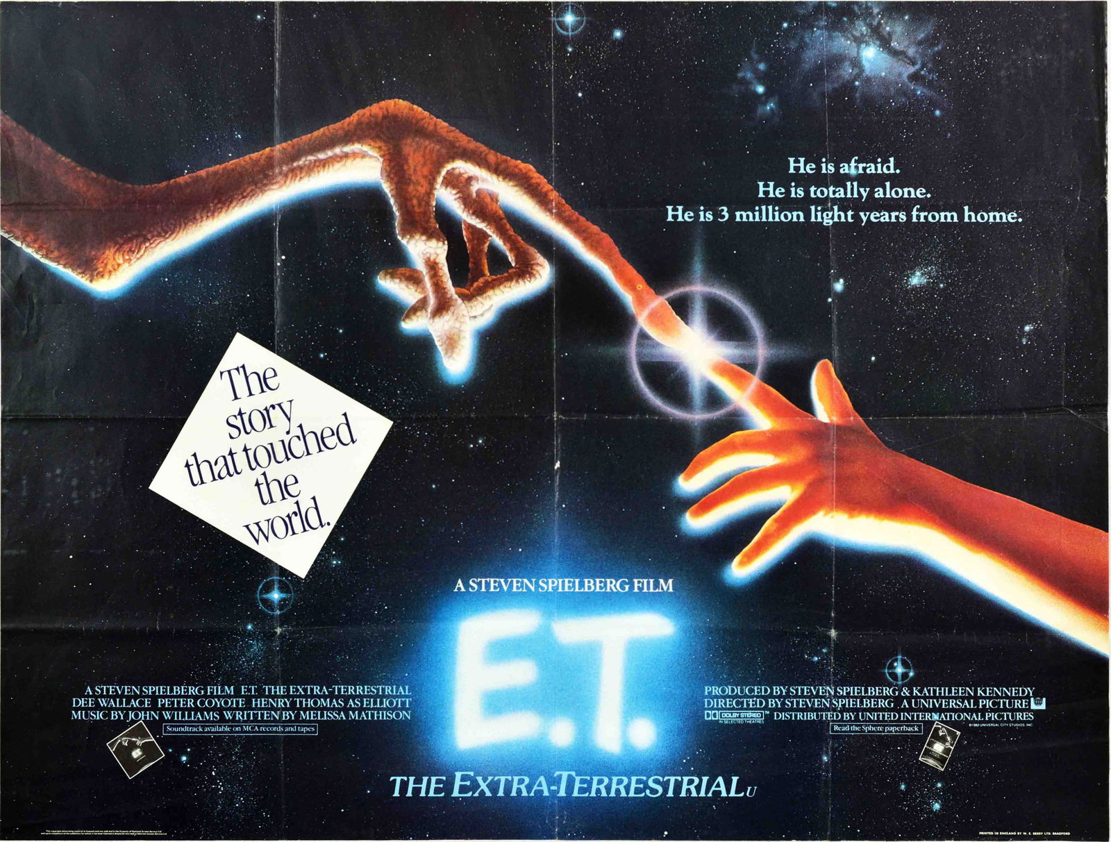 Movie Poster ET Extra Terrestrial SciFi Spielberg Alien: Original vintage movie poster for E.T. the Extra-Terrestrial, a 1982 science fiction and adventure film directed by Steven Spielberd, starring Dee Wallace, Peter Coyote, Henry Thomas, the poster featu