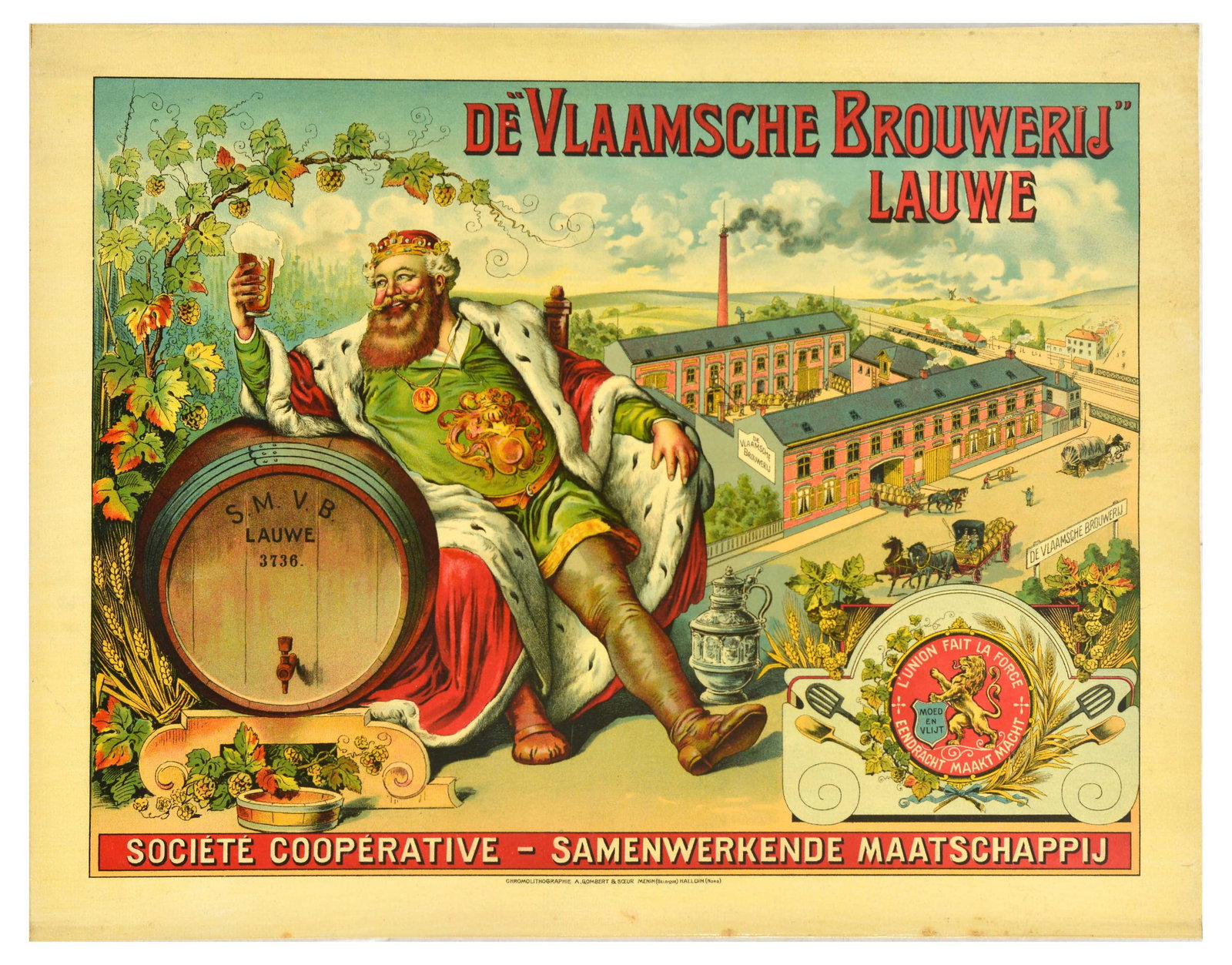 Advertising Poster Flemish Brewery Lauwe Beer: Original vintage drink advertising poster for The Flemish Brewery in Lauwe / De Vlaamsche Brouwerij Lauwe - Design features a smiling bearded king wearing a crown, red fur cape and a green tunic sitti