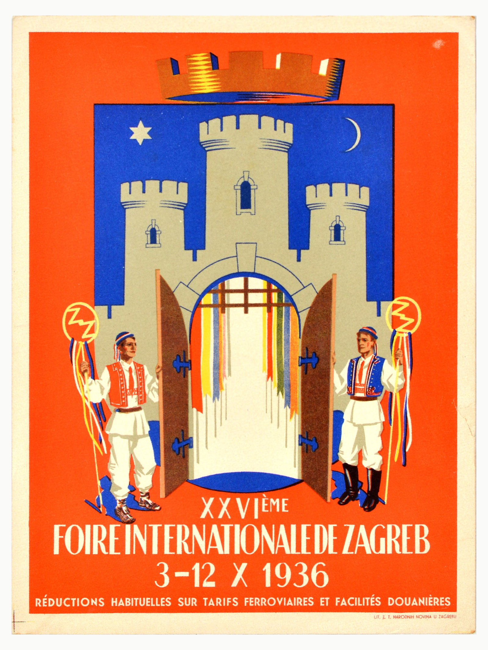 Advertising Poster Zagreb International Fair Croatia Castle Guards: Original vintage travel advertising poster for XXVI International Fair of Zagreb / XXVIeme Foire Internationale de Zagreb that took place from 3-12 October 1936, featuring a colourful illustration of 