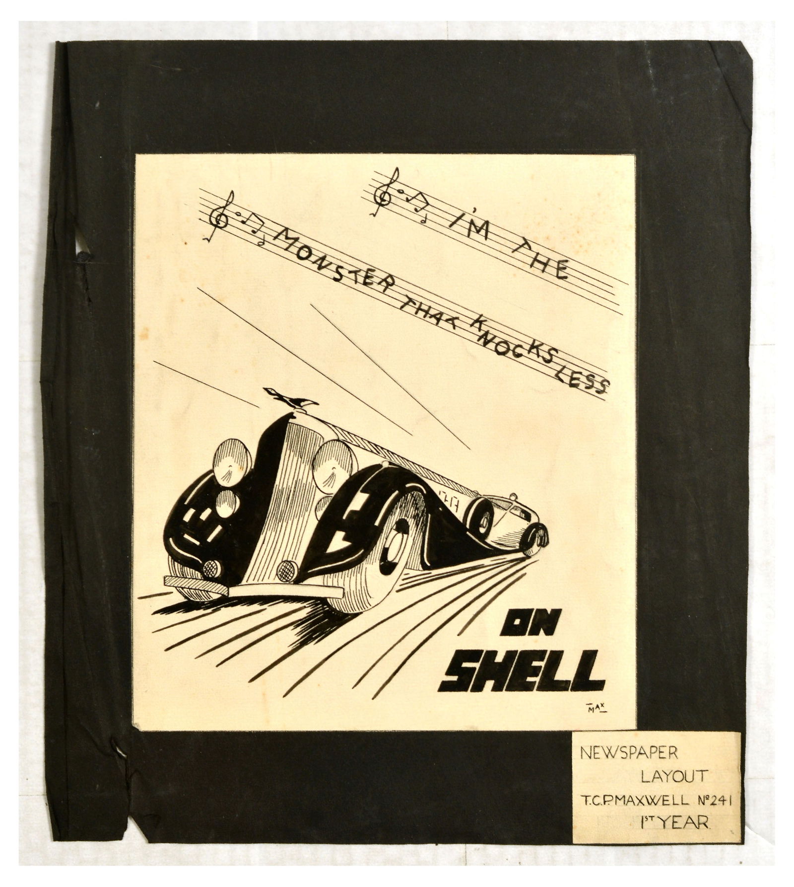 Original Automotive Drawings Set Aerograph Albion Shell: Set of 5 original drawing sketches by Max. 1. Aerograph, featuring an image of airbrush set over a red background with paint below. Fair condition, staining, small tears, backed on black board, origin