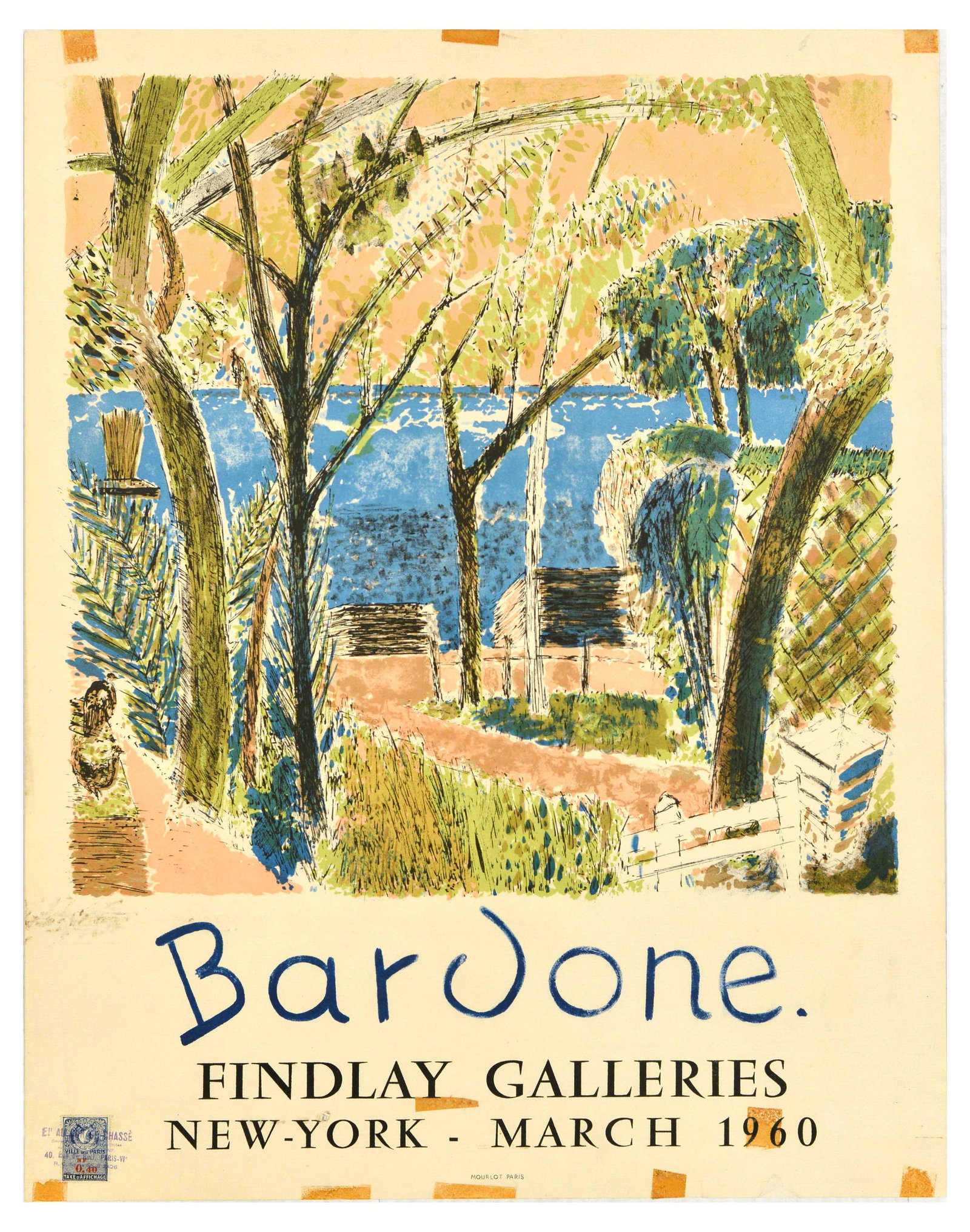 Art Exhibition Poster Bardone Findlay Galleries: Original vintage advertising poster for Guy Bardone (French, 1927-2015) artwork exhibition at Findlay Galleries New York in March 1960 featuring a great design depicting a view towards the sea with gr