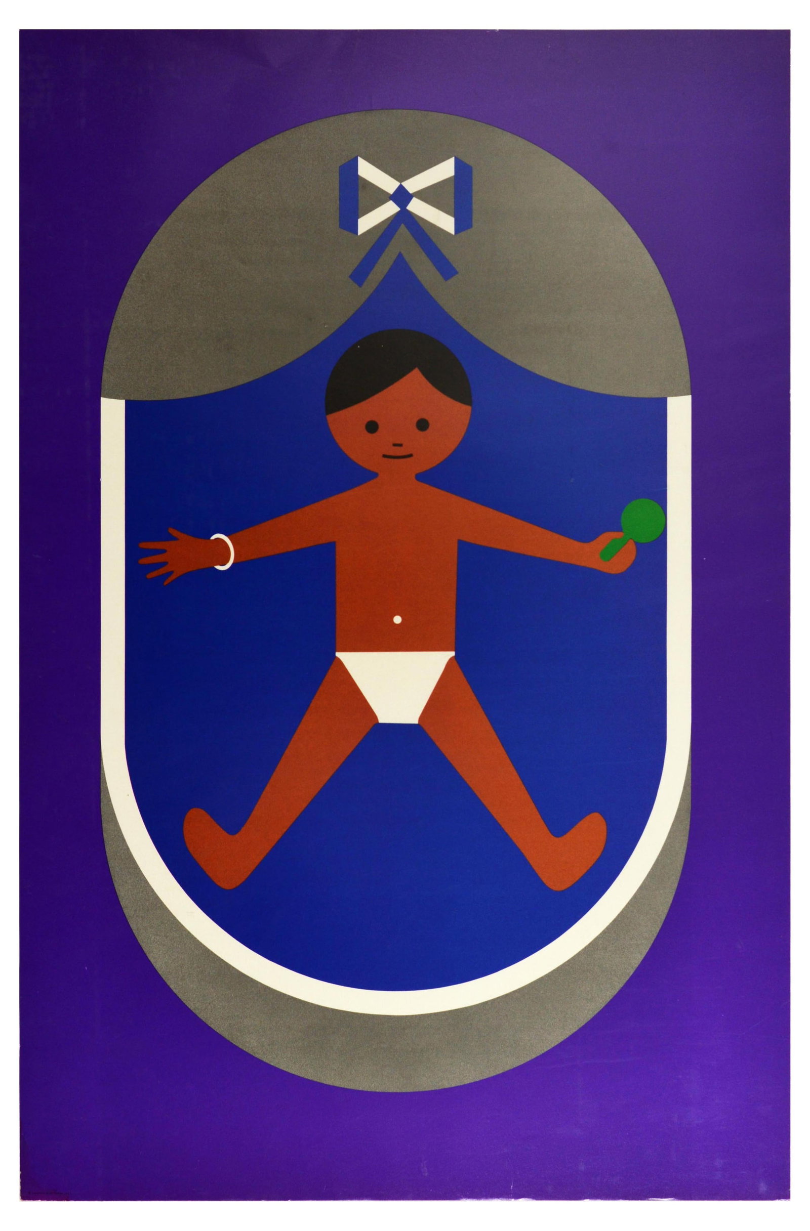 Advertising Poster Creative Playthings Fredun Shapur Baby Crib Rattle: Original vintage advertising poster for the Creative Playthings toy shop in Manhattan, New York, designed by South African toy maker and illustrator Fredun Shapur (b. 1929). This is one of a series of