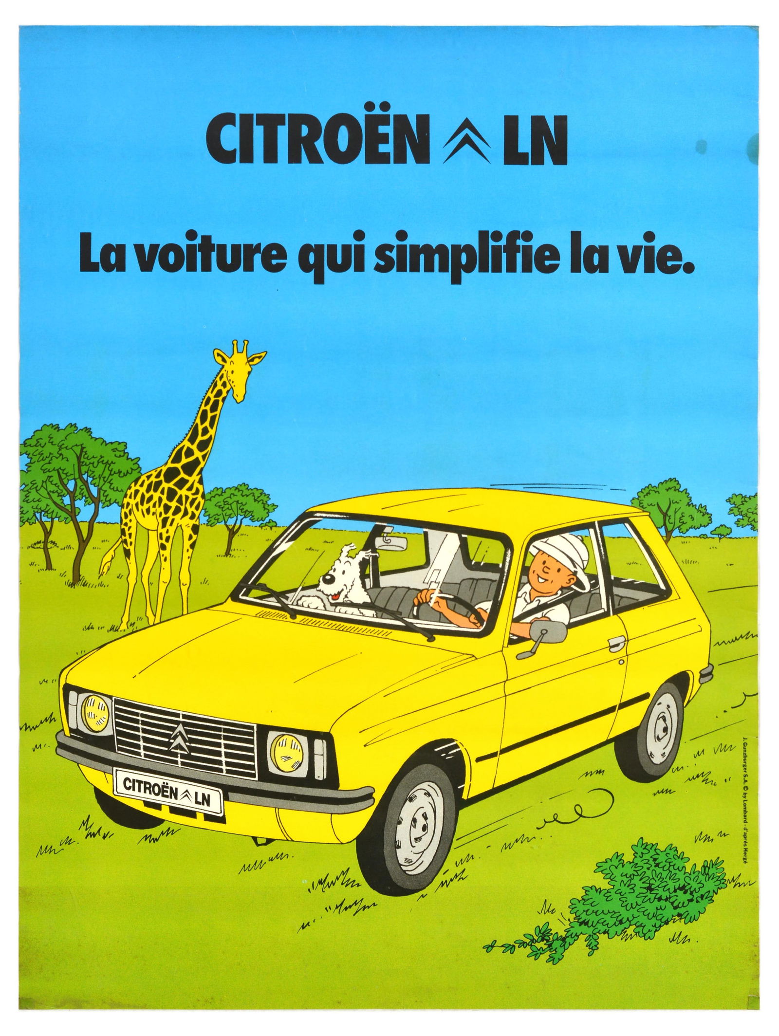 Advertising Poster Citroen LN Africa Tintin Snowy Giraffe Herge: Original vintage advertising poster by Citroen for LN Helene hatchback city car model manufactured and marketed by Citroen from 1976 to 1986, featuring an image of Tintin and Snowy the dog, created by
