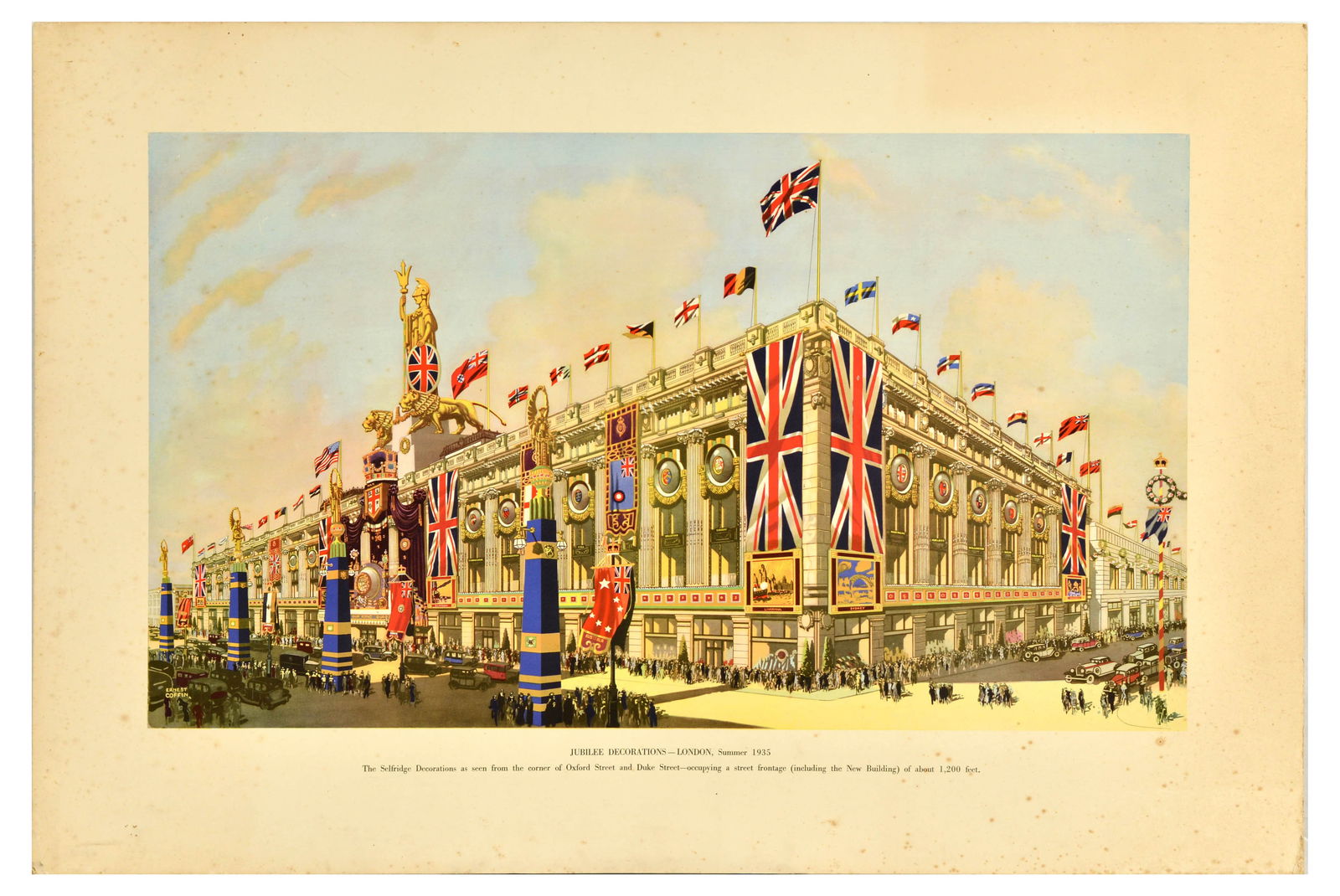 Travel Poster King George V Jubilee Decorations London: Original vintage commemorative poster for King George V Silver Jubilee, marking his 25th year on the throne, the poster features Jubilee decorations on Selfridges seen from the corner of Oxford Street