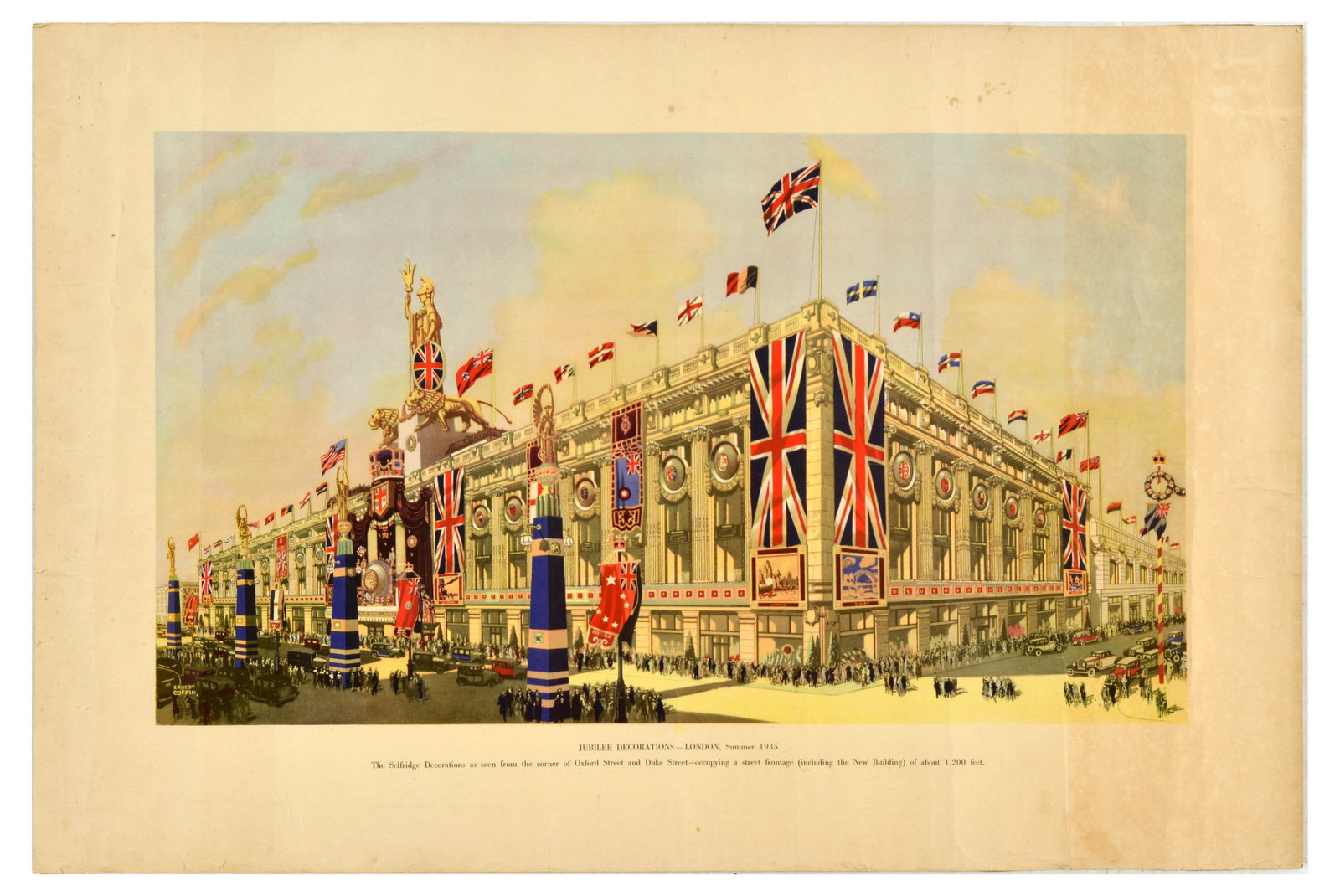 Travel Poster King George V Jubilee Decorations London: Original vintage commemorative poster for King George V Silver Jubilee, marking his 25th year on the throne, the poster features Jubilee decorations on Selfridges seen from the corner of Oxford Street