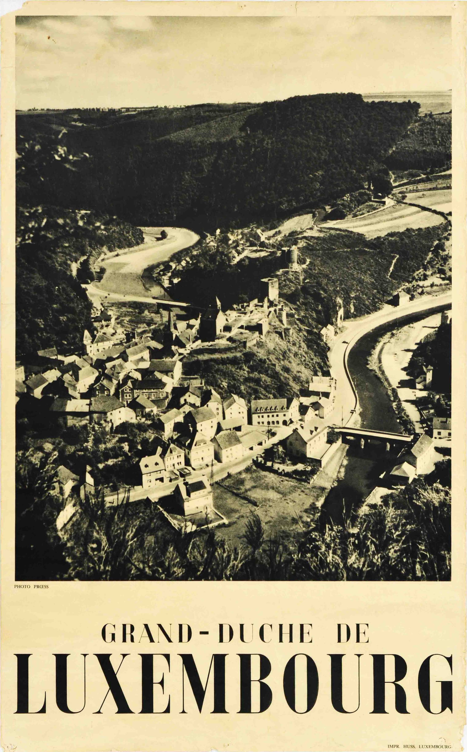 Travel Poster Grand Duche De Luxembourg Grand Duchy Of Luxembourg: Original vintage travel advertising poster Grand Duchy of Luxembourg / Grande-Duche de Luxembourg, featuring a black and white photograph from birds eye view of buildings, church, a castle, and a brid