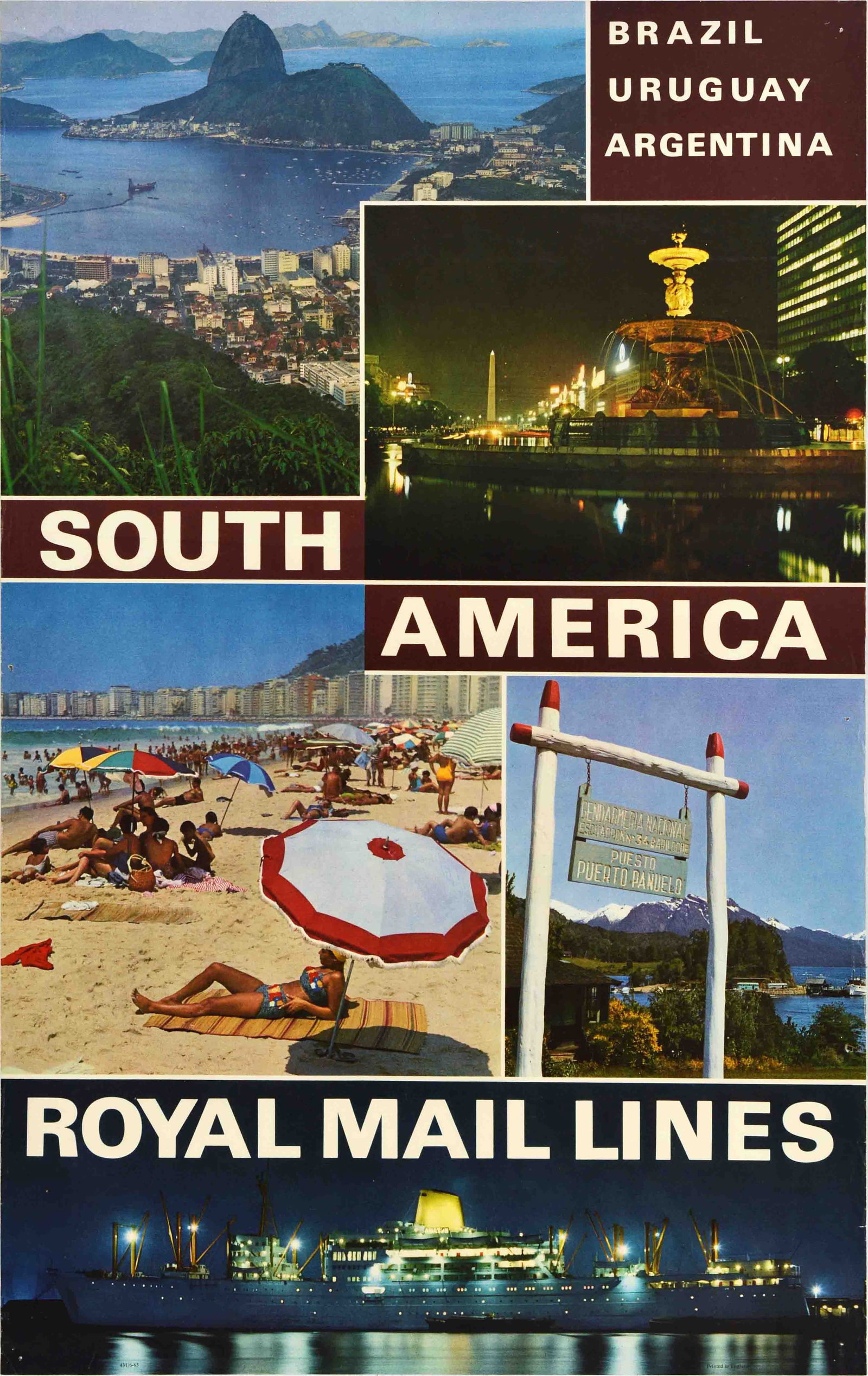 Travel Poster South America Royal Mail Lines Brazil Uruguay Argentina: Original vintage travel poster for Royal Mail Lines South America Brazil Uruguay Argentina, featuring photographs of the Sugarloaf Mountain in Rio de Janeiro, Brazil, Copacabana beach, Puerto Panuelo,