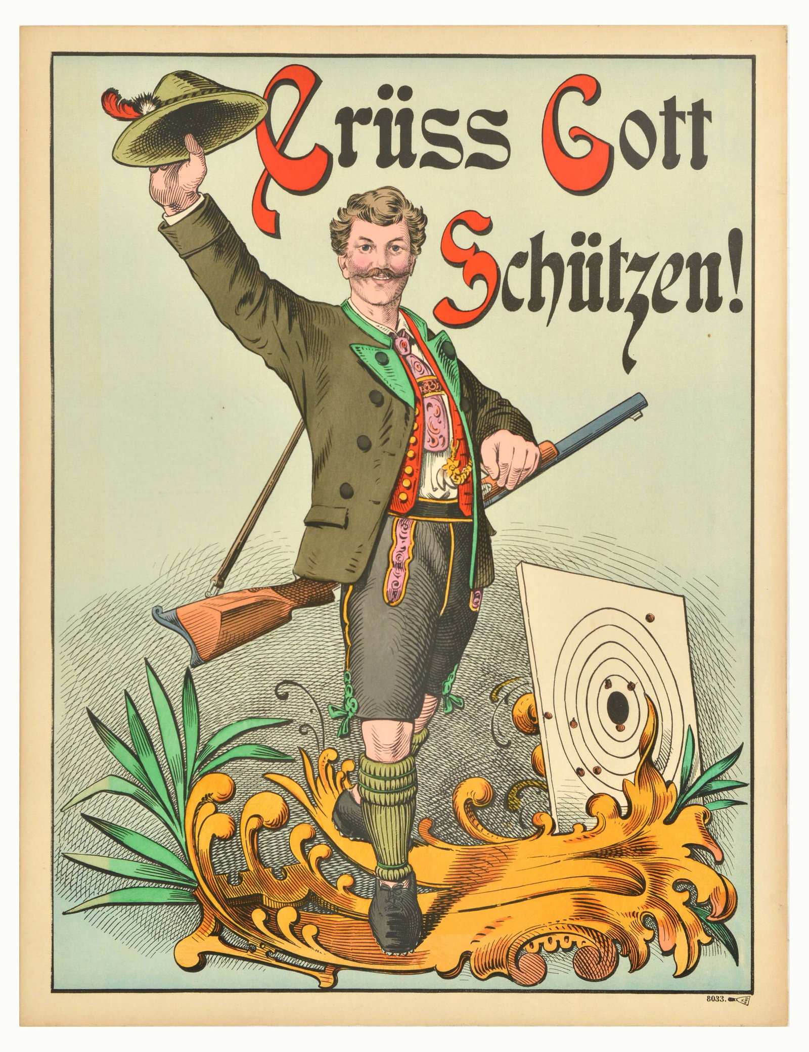 Propaganda Poster Gruss Gott Schutzen Shooting Club Greeting: Original antique poster - Gruss Gott Schutzen! / God protect you! - featuring an image of a smiling gentleman waving his hat, with a national costume and a rifle over his shoulder standing on a golden