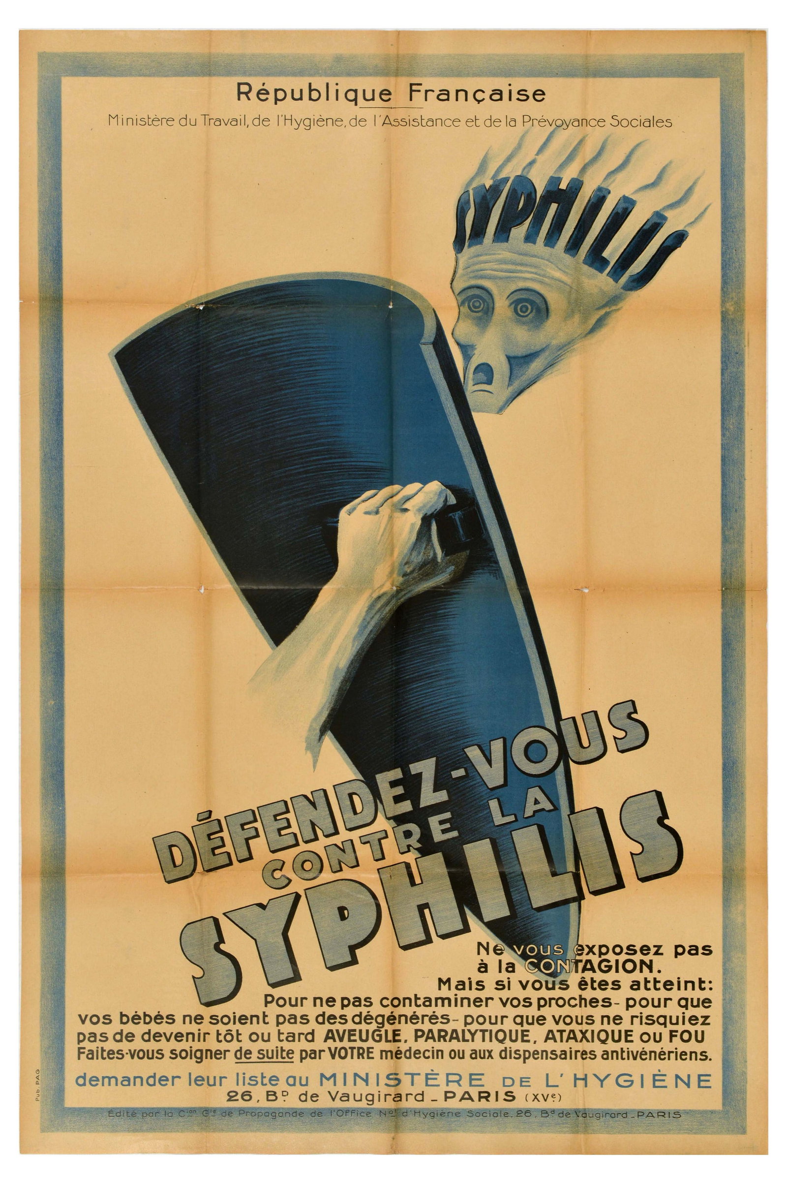 Propaganda Poster Syphilis Venereal Disease STI Health Hygiene: Original vintage health poster published by French Republic Ministry of Labor Hygiene Social Assistance and Welfare - Defend yourself against Syphilis / Defendez-vous contre la Syphilis - featuring an