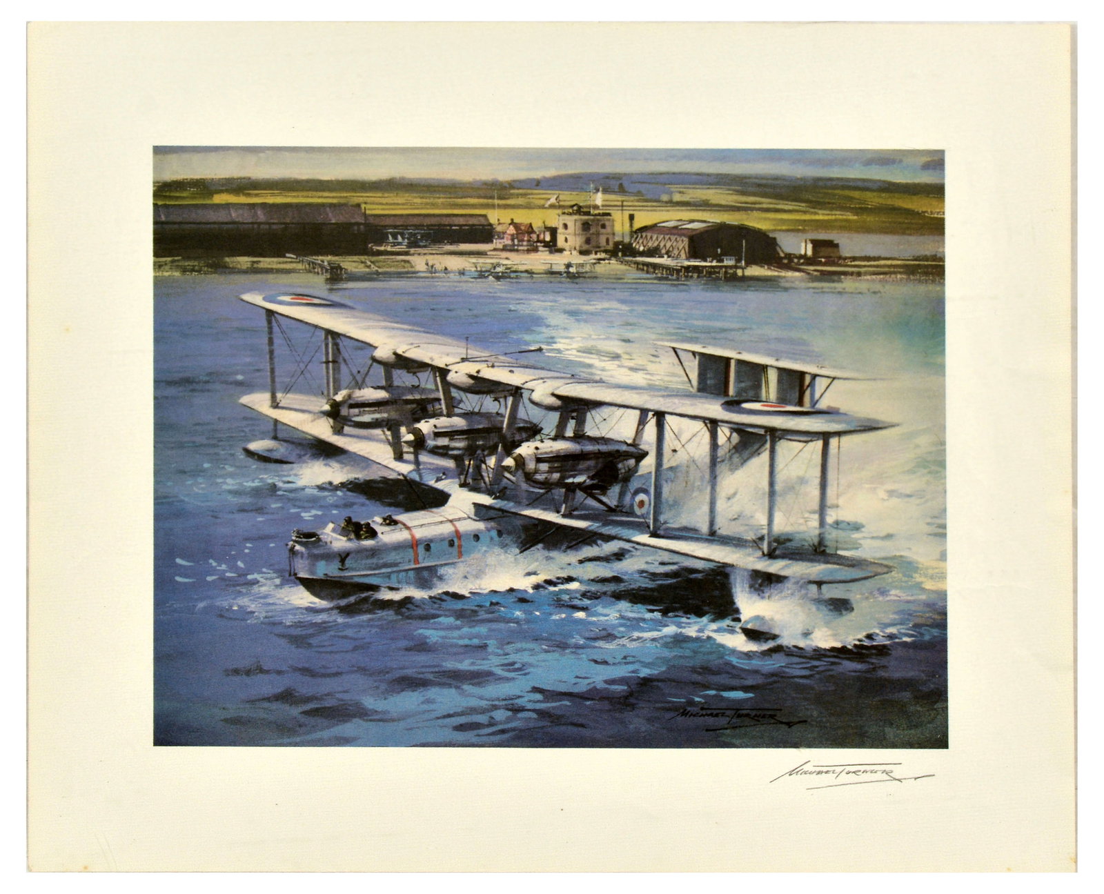 Propaganda Poster Blackburn Iris Flying Boat Michael Turner: Original vintage poster featuring an image of Blackburn Iris taxiing out from Calshot in 1931. Introduced in 1929, the Blackburn Iris was a British three-engined biplane flying boat, used as a long-ra