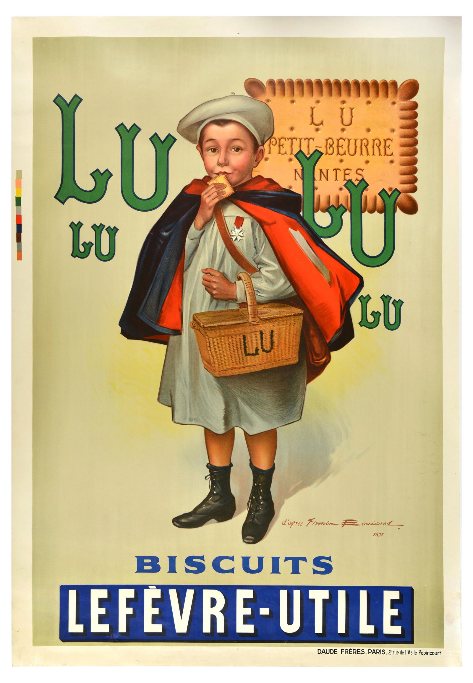 Advertising Poster Lu Biscuit Lefevre Utile Little Schoolboy Firmin Bouisset: Original antique advertising poster for Lu biscuits Lefevre-Utile featuring a 1897 iconic design by a French poster artist Firmin Bouisset (1859-1925) depicting Petit Ecolier or the Little Schoolboy d