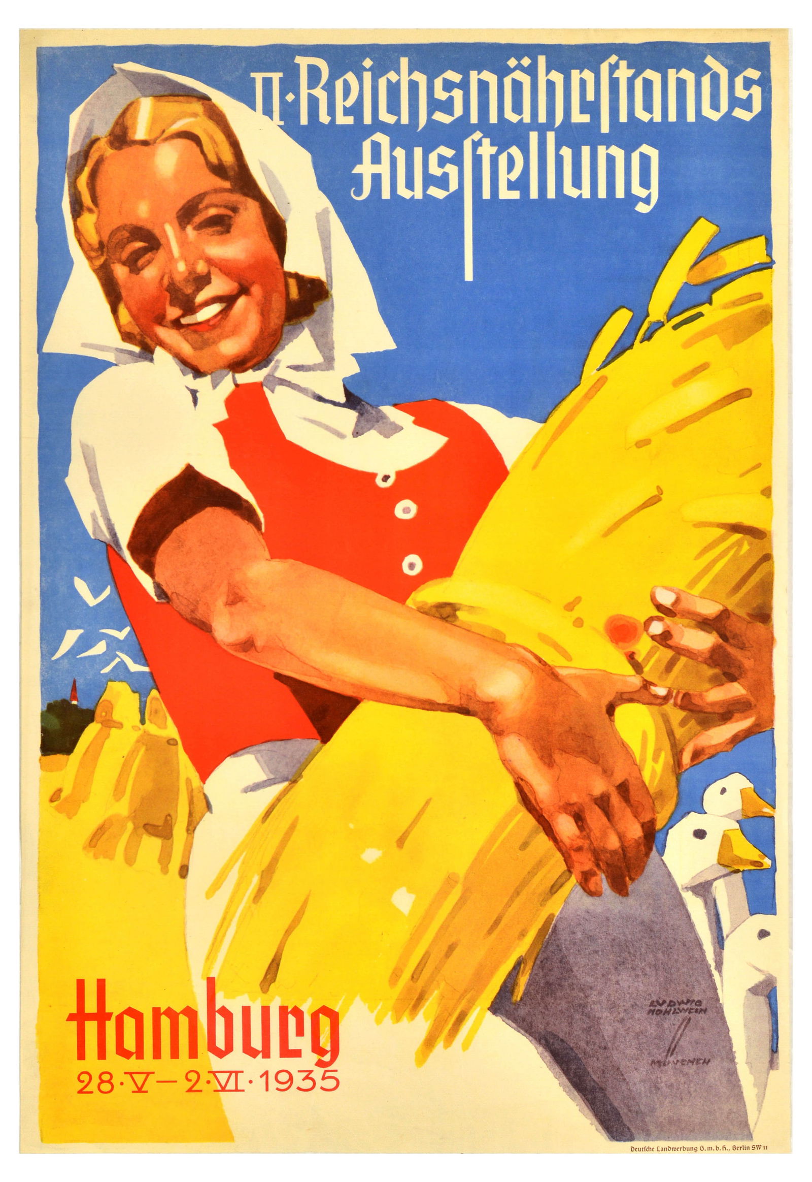 Advertising Poster Third Reich Food Estate Exhibition Hamburg Hohlwein: Original vintage advertising poster for II Reichsn?hrstands Ausstellung / II Reich Food Estate Exhibition, which took place in Hamburg from 28 May to 2 June 1935 in the Nazi Germany. The poster featur