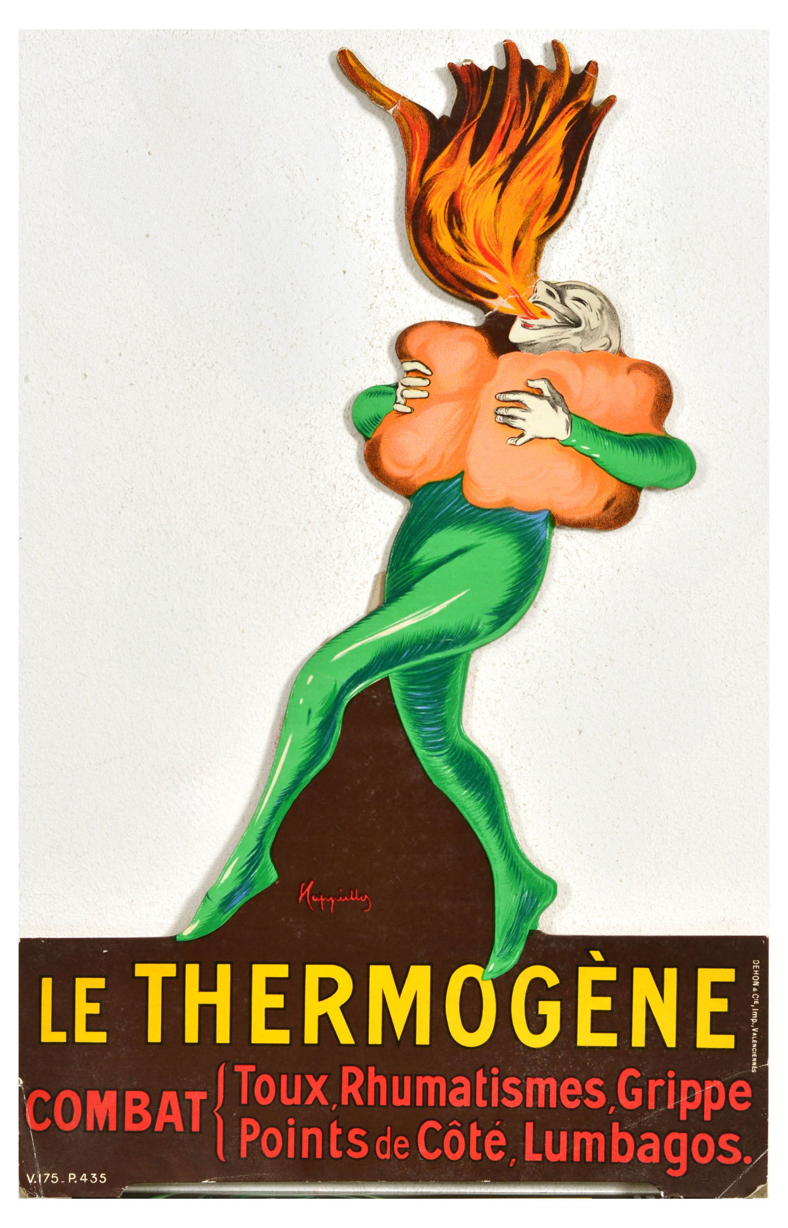 Advertising Sign La Thermogene Leonetto Cappiello Card Stand: Original vintage advertising tabletop cut out by the renowned poster artist, Leonetto Cappiello (1875-1942): Le Thermogene Combat toux, rhumatismes, grippe, points do cotes / Thermogene Combats coughs