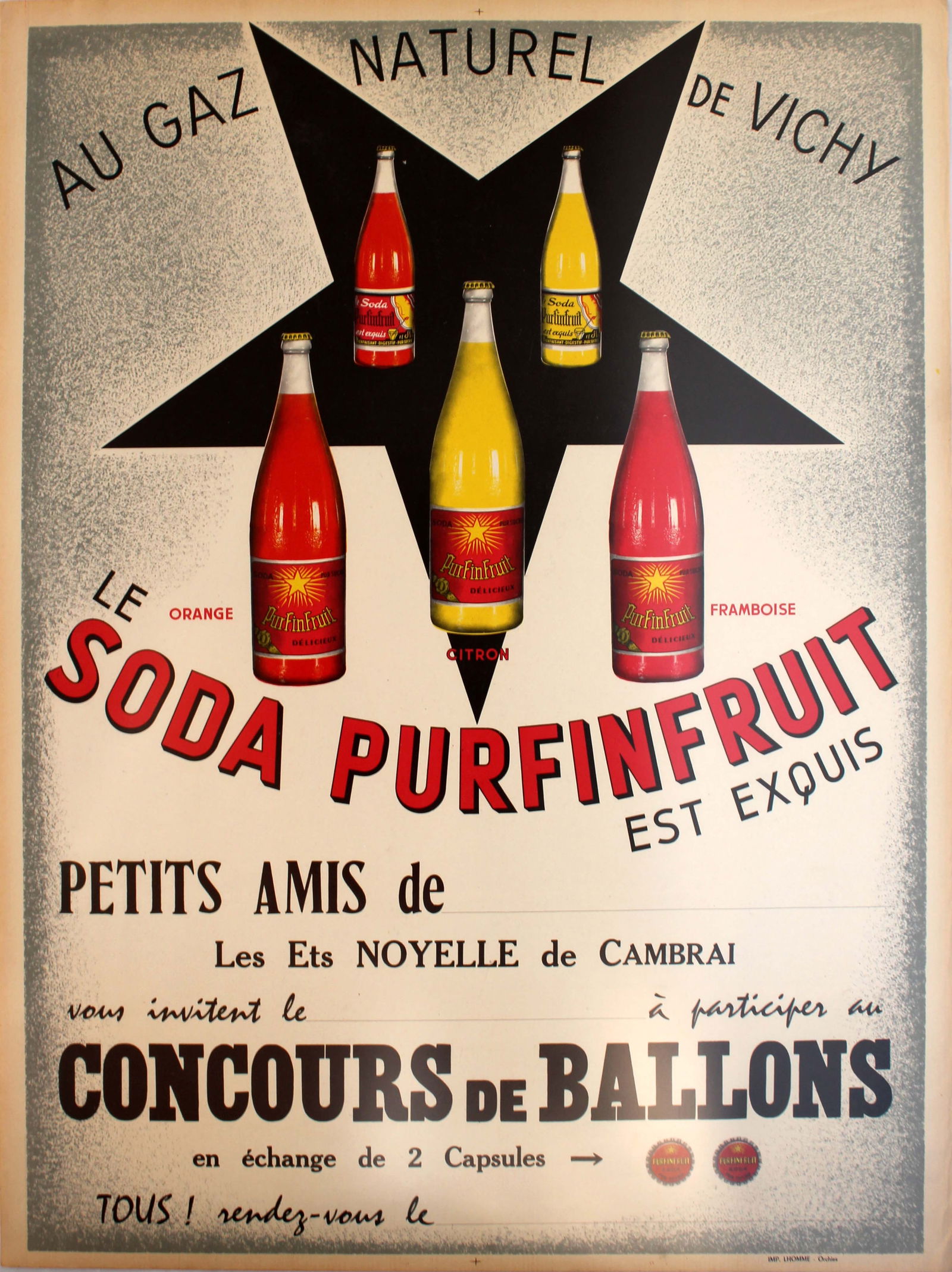 Advertising Poster Soda Purfinfruit Midcentury Modern: Original vintage drink advertising poster for Soda Purfinfruit - au gaz naturel de Vichy: orange, citron, framboise (flavoured natural water from Vichy) with an invitation to a Concours de Ballons (ba