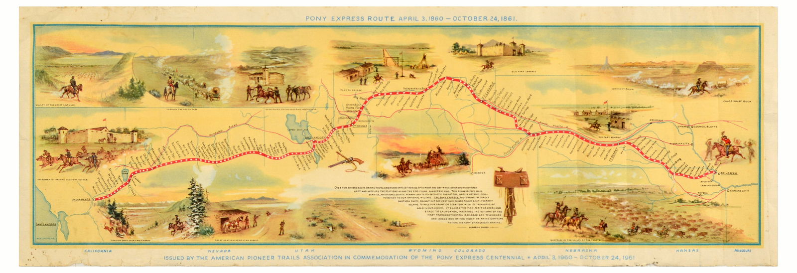 Advertising Poster Pony Express Route American Express Mail: Original vintage map poster for Pony Express Route issued by the American Pioneer Trails Association in commemoration of the Pony Express Centennial April 3 1960 - October 24 1961 - Design features th