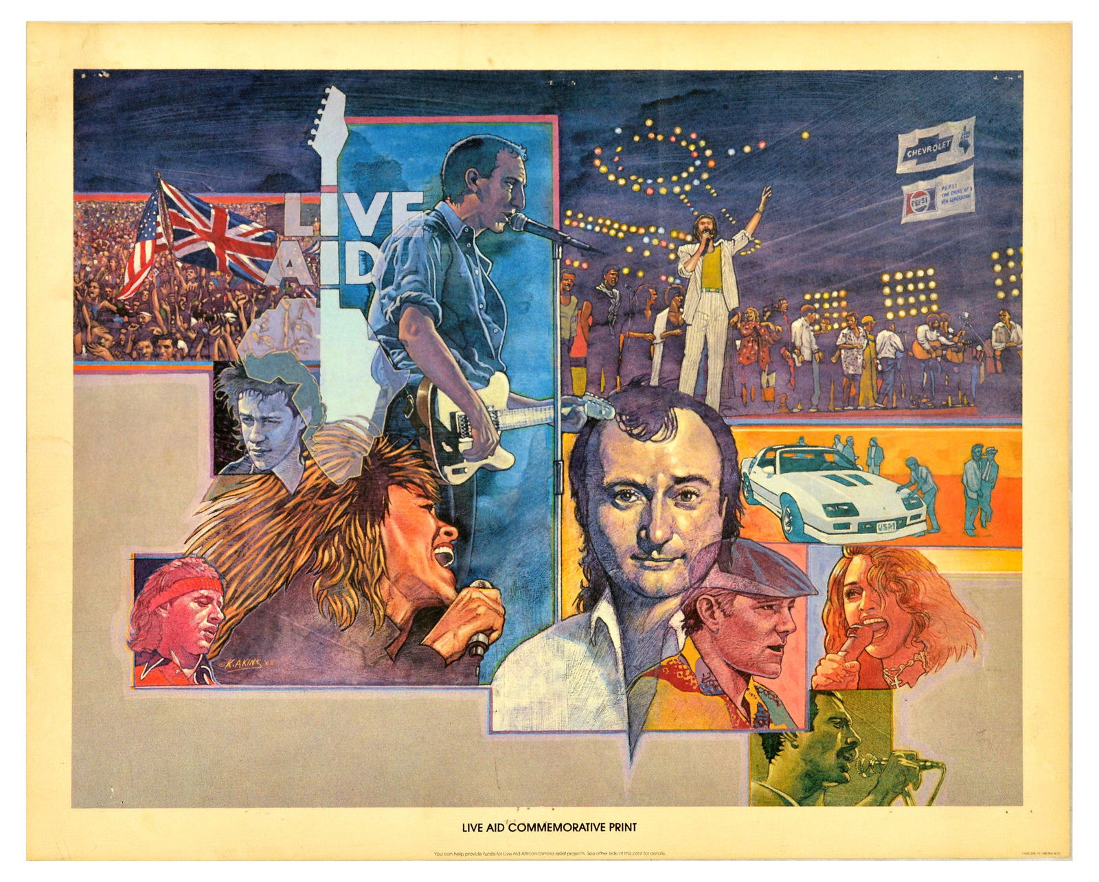 Music Poster Live Aid Concert USA 1985: Original vintage commemorative poster for Live Aid featuring images of Peter Townsend, Madonna, Freddie Mercury, Mike Love, Phil Collins, Tina Turner, Mark Knopfler and Bob Geldof. Live Aid was a glob