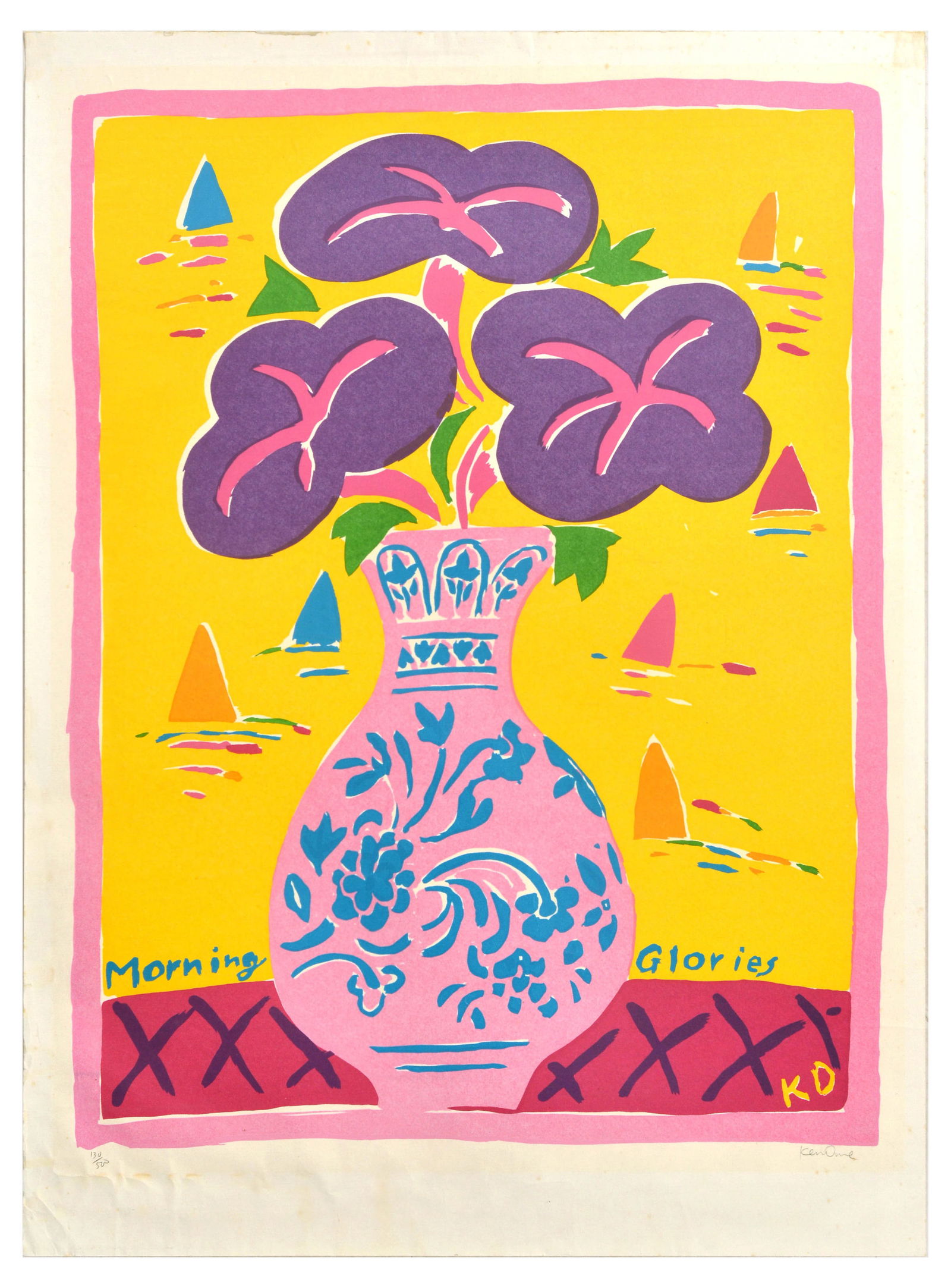 Advertising Poster Morning Glories Ken Done Flowers: Original vintage hand signed and numbered artist silk screen poster print Morning Glories by Ken Done (b.1940) featuring a bright colourful image of purple flowers in a pink and blue floral vase set o