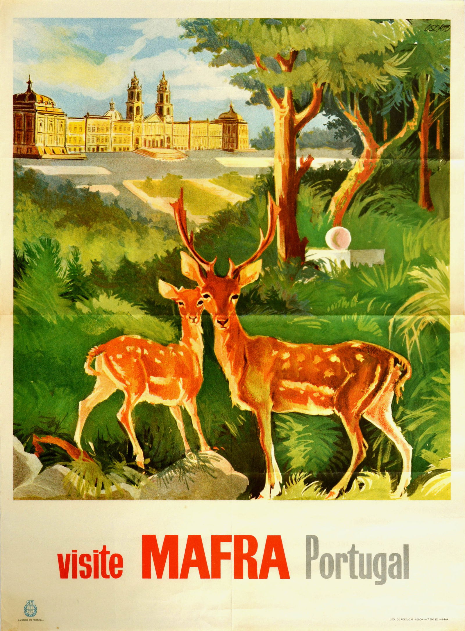 Travel Poster Visit Mafra Palace Park Portugal Deer: Original vintage travel poster in French - Visite Mafra Portugal / Visit Mafra Portugal - featuring two spotted deer in the Tapada Nacional de Mafra national park looking towards the viewer with bushe