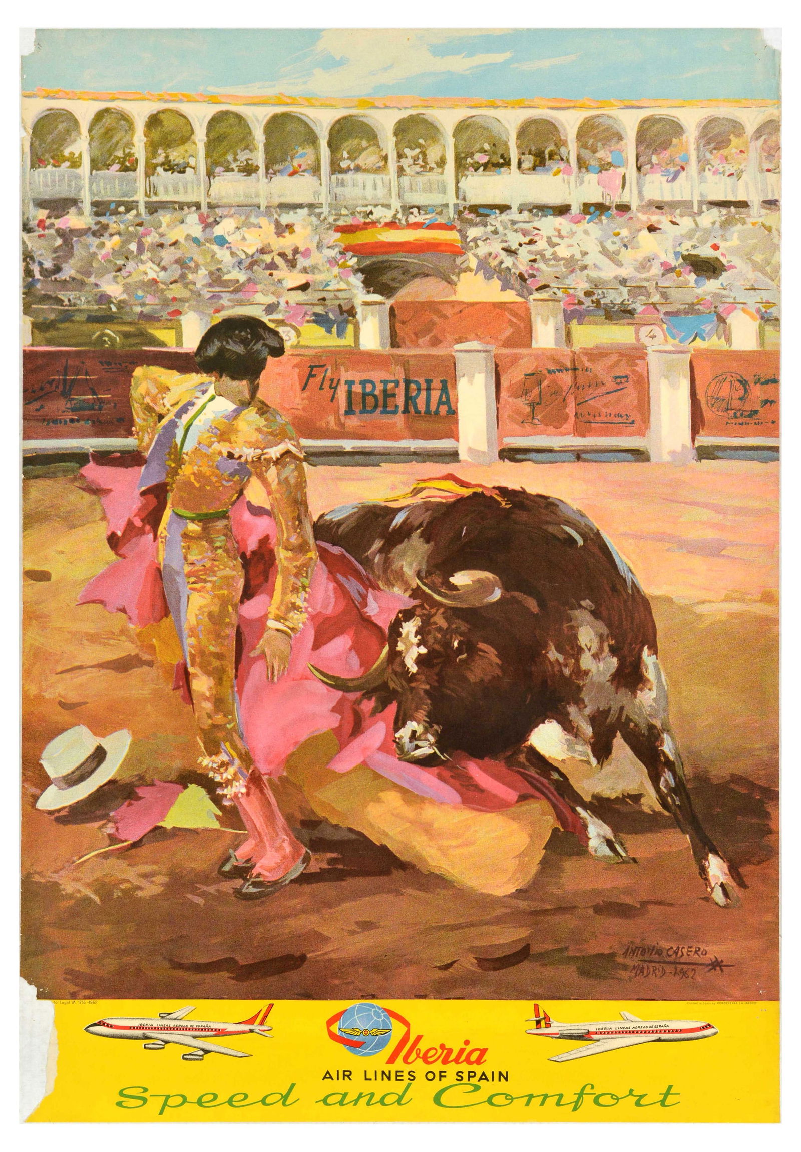 Travel Poster Spain Bullfighting Iberia Airline Antonio Casero: Original vintage travel advertising poster: Iberia Air Lines of Spain - Speed and Comfort. Fantastic painting by Antonio Casero depicting a bullfighting scene with the toreador and bull in the middle