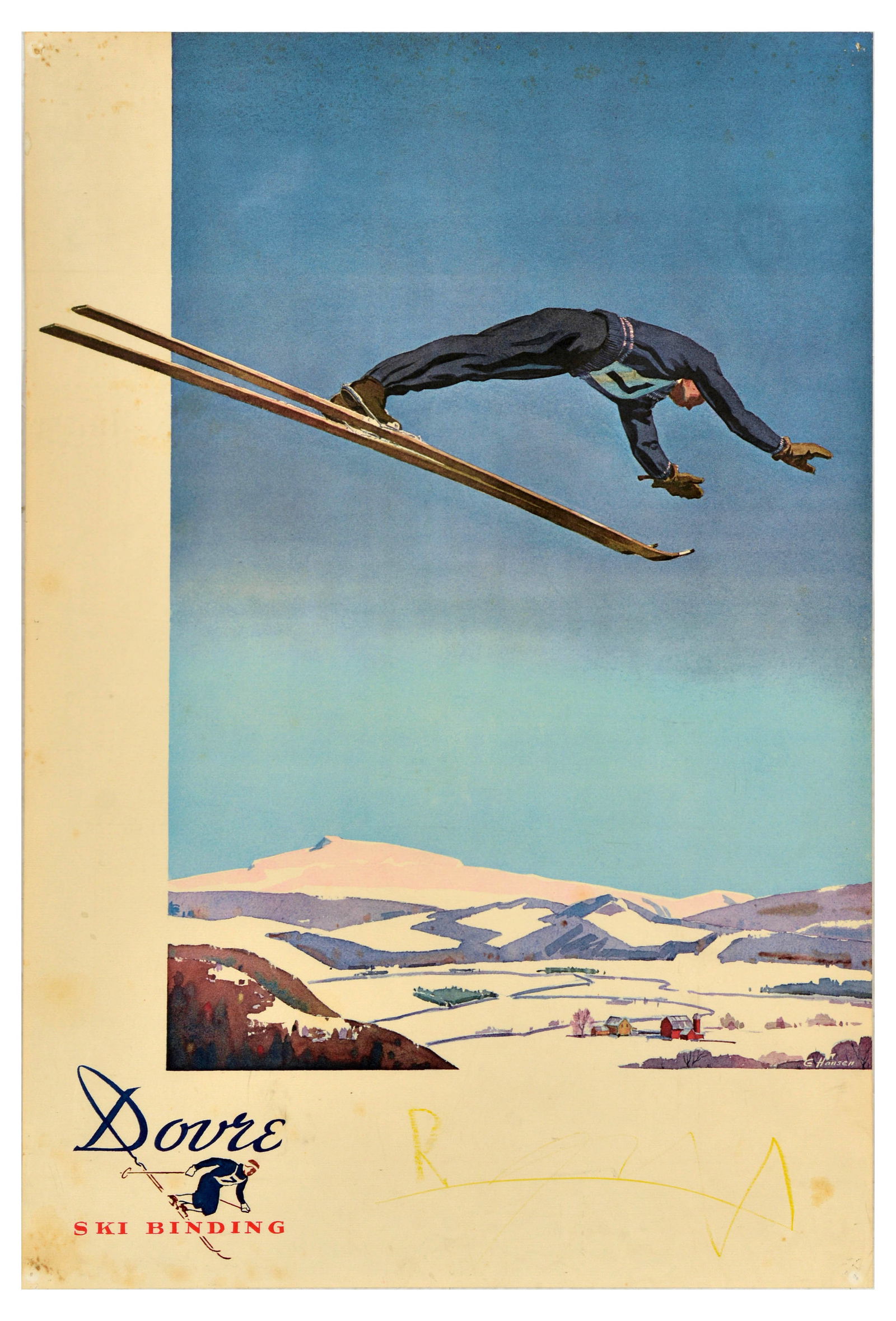 Ski Poster Dovre Ski Binding Winter Norway Sport Skiing: Original vintage advertising poster for Dovre Ski Binding featuring a great illustration of a skier with bib number seven jumping on skis, with the view of snow-covered fields, farm houses, and mounta