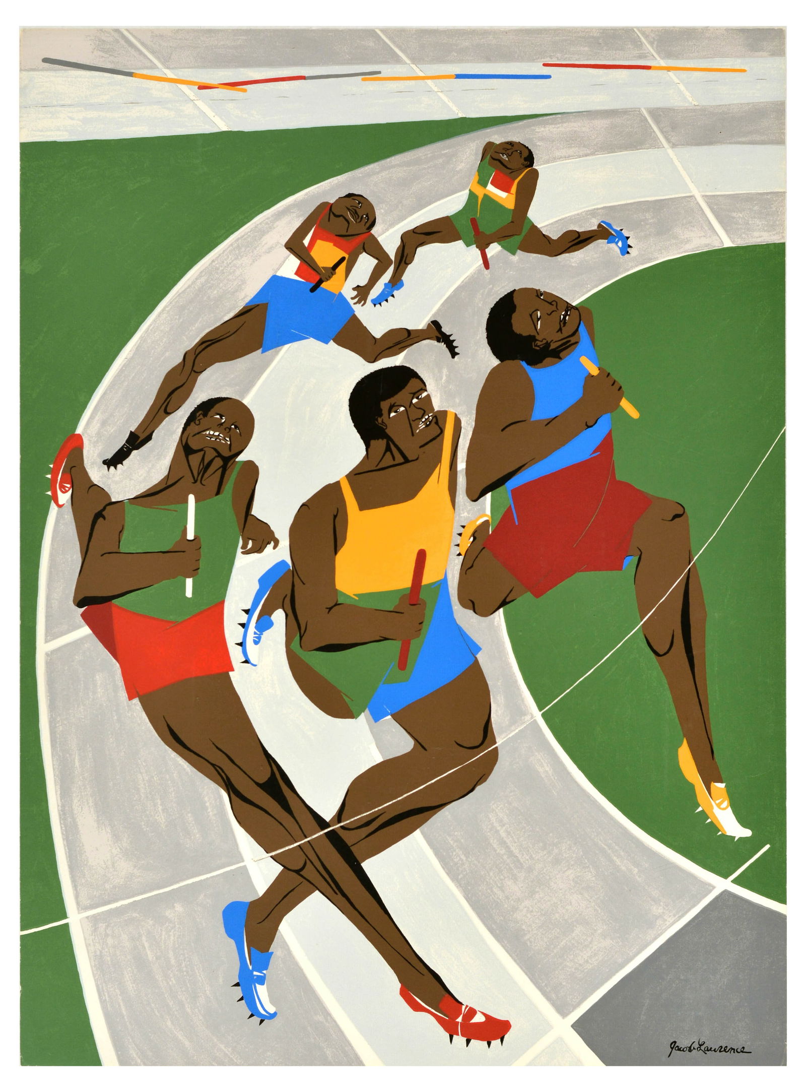 Sport Poster Jacob Laurence Art Print Munich Olympics Runners: Original vintage limited edition art print issued in the edition of 500 and signed by the artist made for the 1972 Summer Olympics in Munich - featuring artwork by Jacob Lawrence (1917?2000) depicting