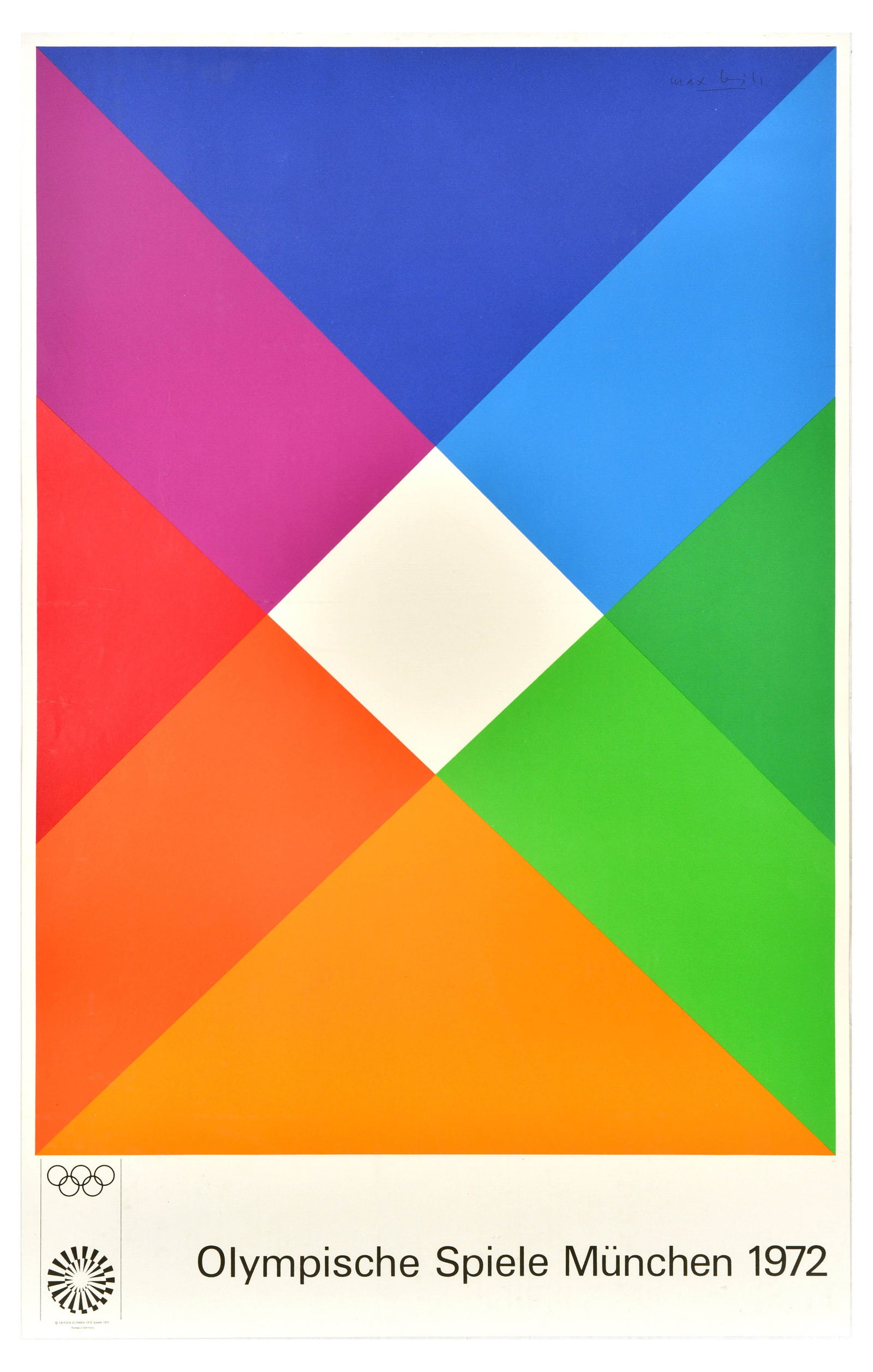 Sport Poster Munich Olympics 1972 Max Bill: Original vintage sports poster promoting the 1972 Summer Olympic Games in Munich Germany featuring a great minimalist design by the Swiss architect, artist, painter and graphic designer Max Bill (1908