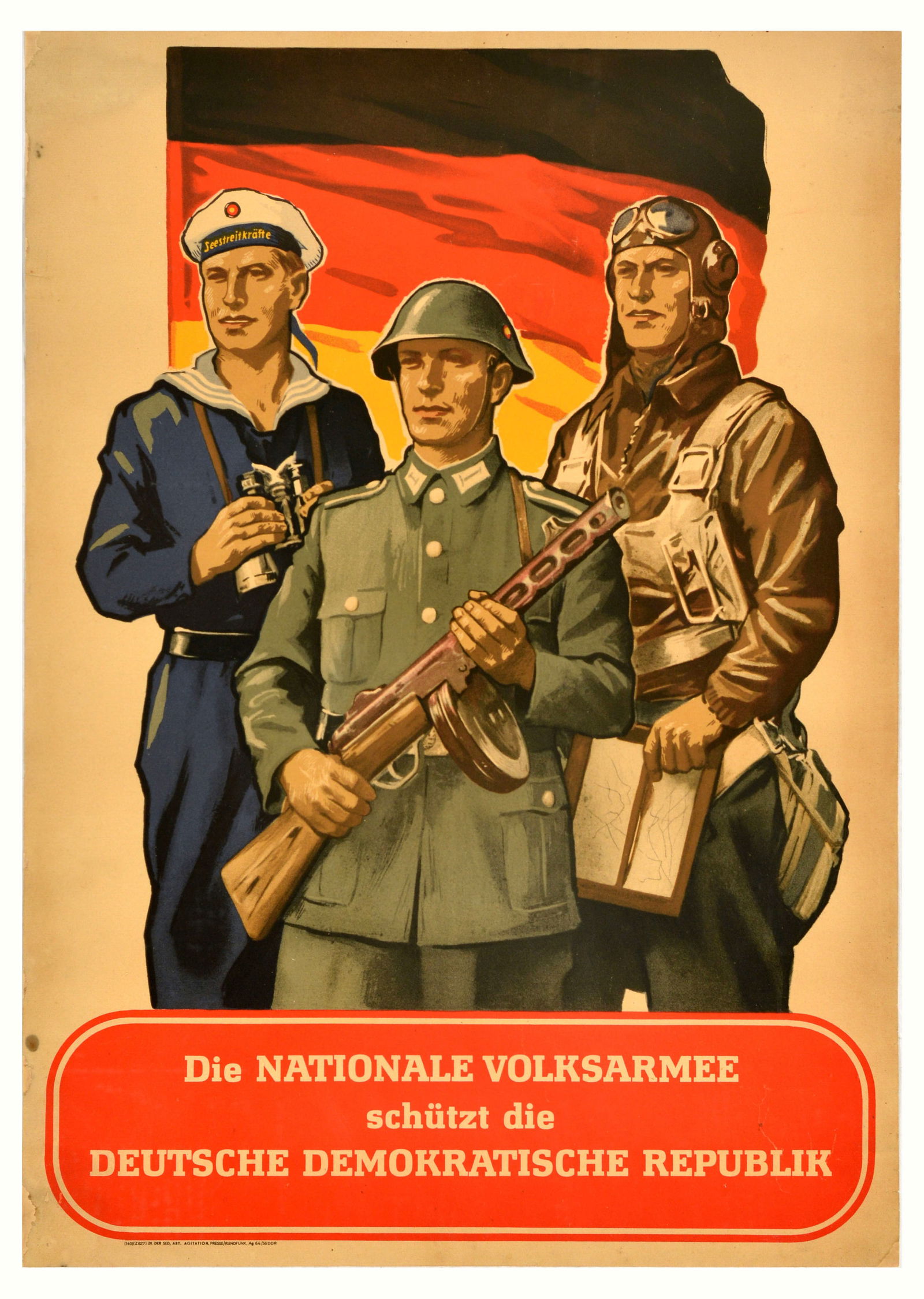 Propaganda Poster National Peoples Army DDR East Germany: Original vintage propaganda poster The National People's Army protects the German Democratic Republic / Die Nationale Volksarmee schutzt die Deutsche Demokratische Republik - Design features soldiers