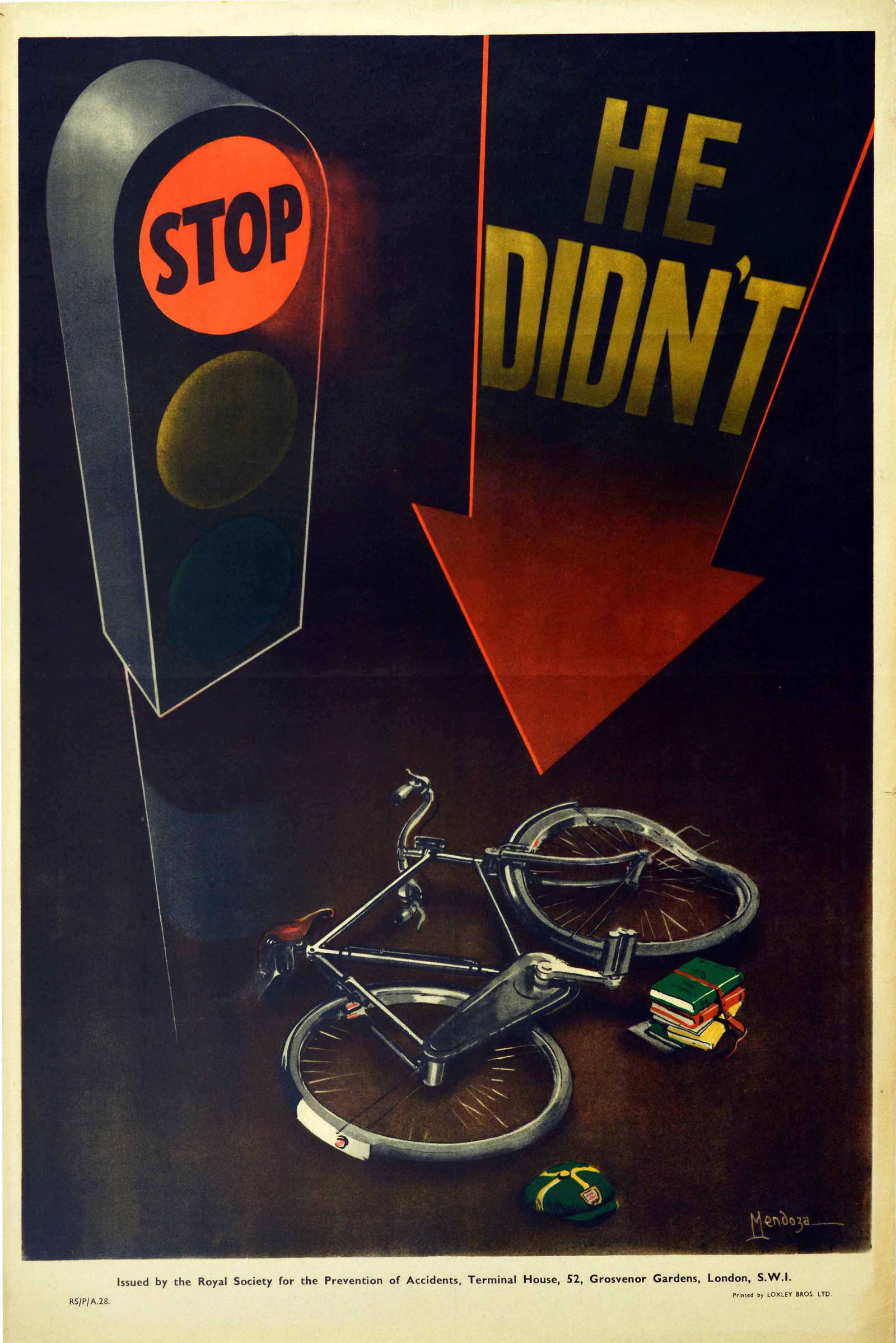 Propaganda Poster Road Safety ROSPA Stop Bicycle Accident Traffic Light: Original vintage road safety poster issued by the Royal Society for the Prevention of Accidents ROSPA - He Didn't Stop - featuring a dynamic design showing the word Stop on a red traffic light and lar