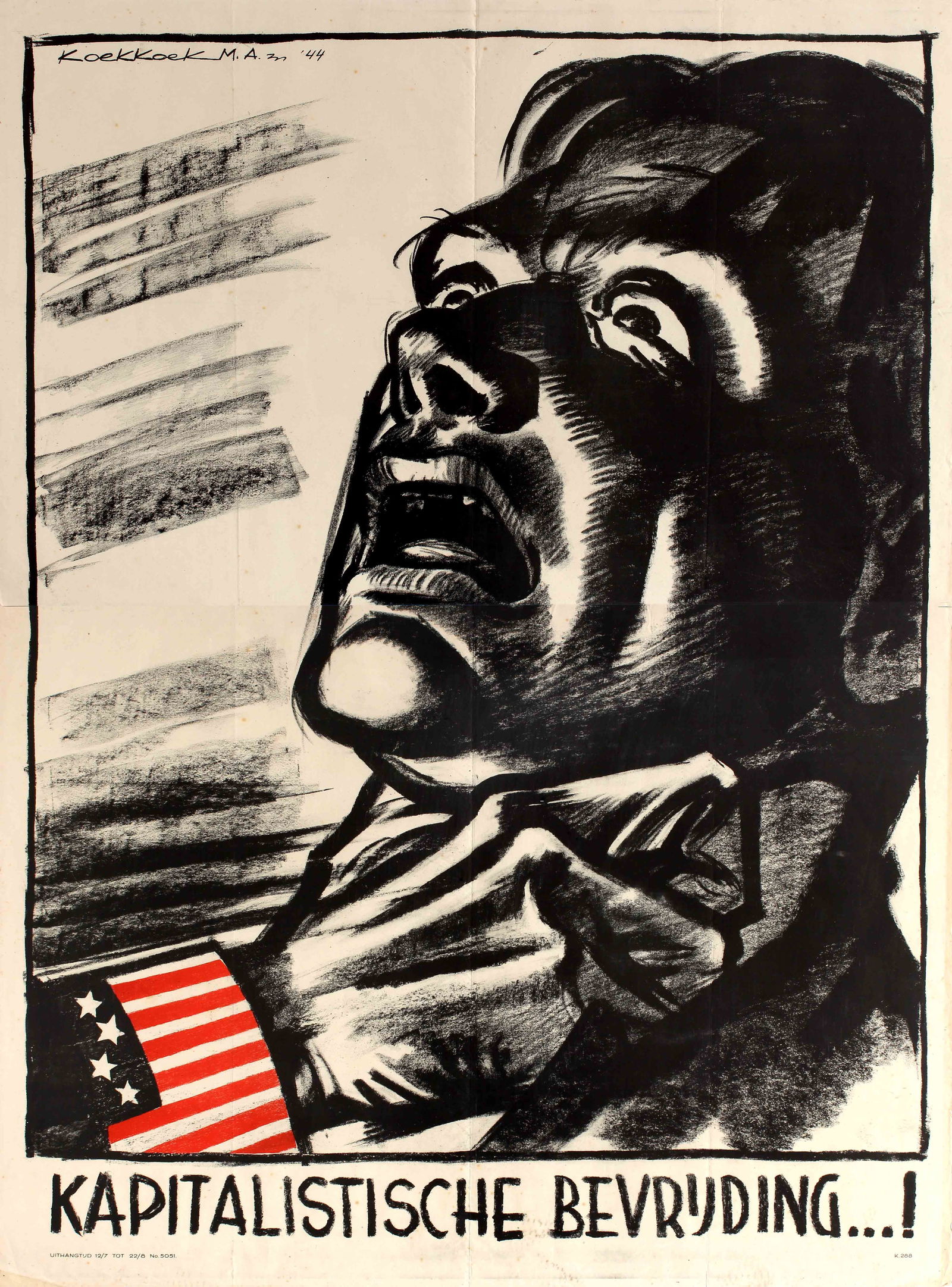 War Poster USA Choke WWII Capitalist Liberation Nazi Propaganda: Original vintage anti-USA World War Two propaganda poster - Kapitalistische Bevrijding! / Capitalist Liberation - published in Nazi occupied Netherlands at the end of the Second World War. Dynamic des