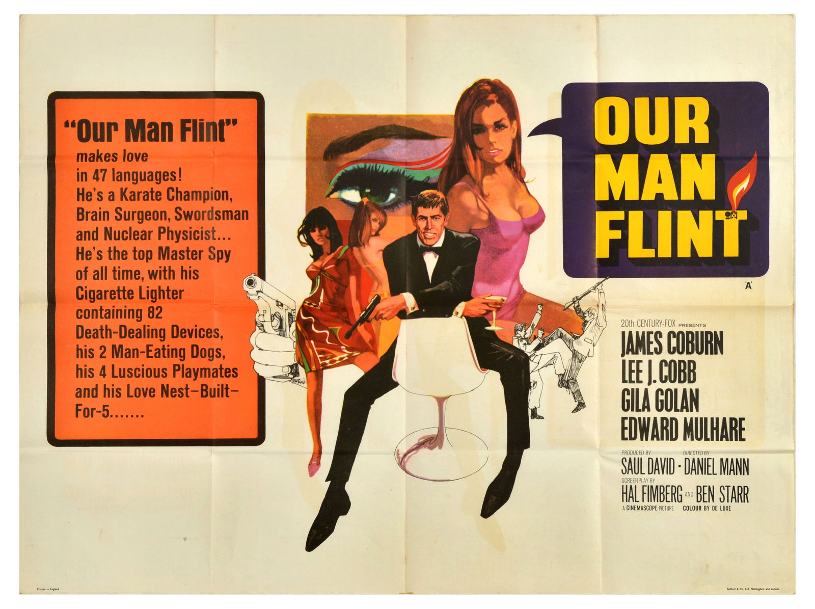 Movie Poster Our Man Flint James Bond 007 Spy Parody: Original vintage movie poster for the 1966 American spy-fi comedy film Our Man Flint - directed by Daniel Mann and starring James Coburn as master spy Derek Flint alongside Lee J. Cobb, Gila Golan and