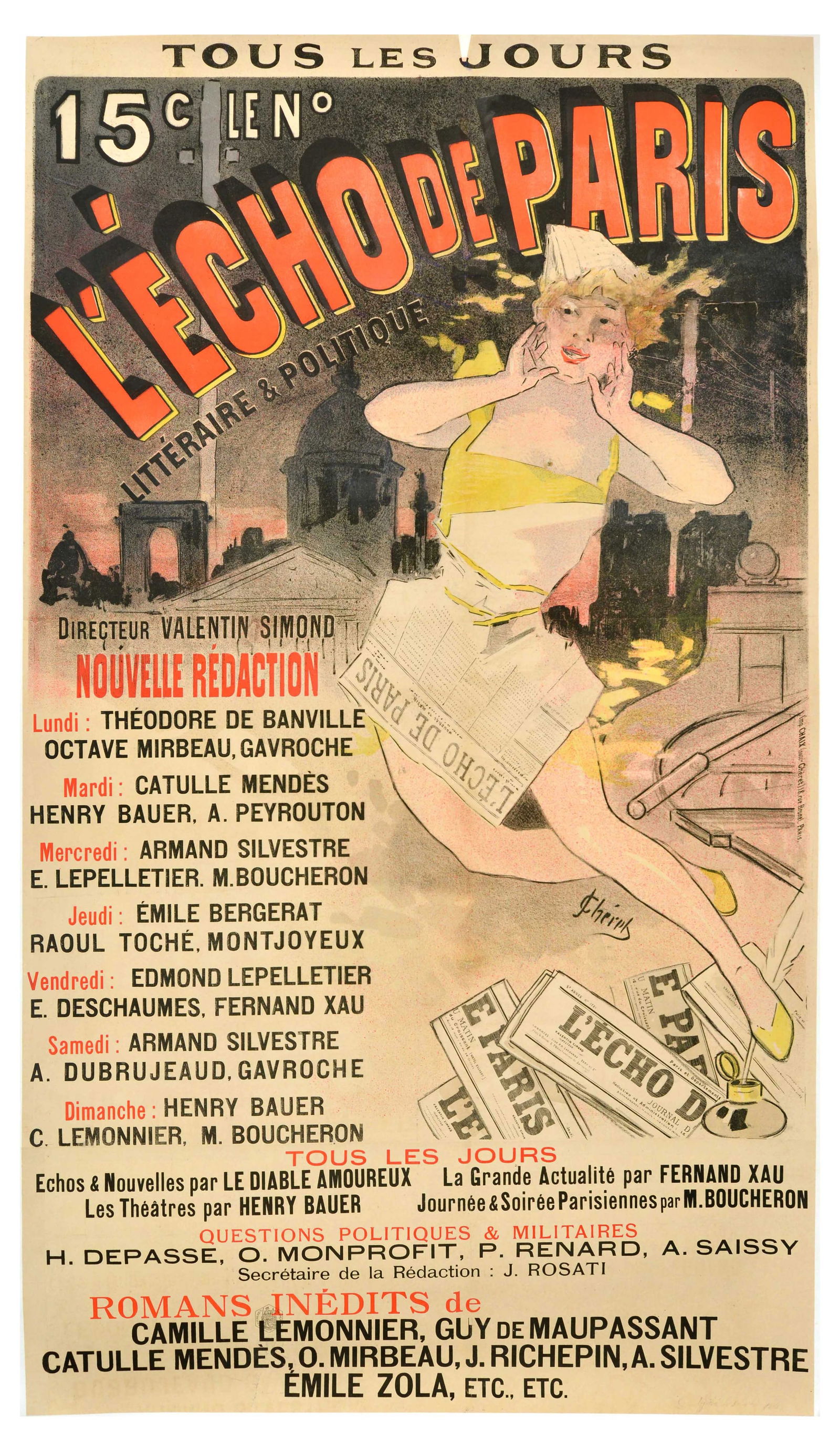 Advertising Poster L'Echo de Paris Newspaper Jules Ch?ret: Original antique advertising poster for the French literary and political newspaper L'?cho de Paris, created by the notable French artist Jules Cheret (1836-1932), known as the "father of the modern p