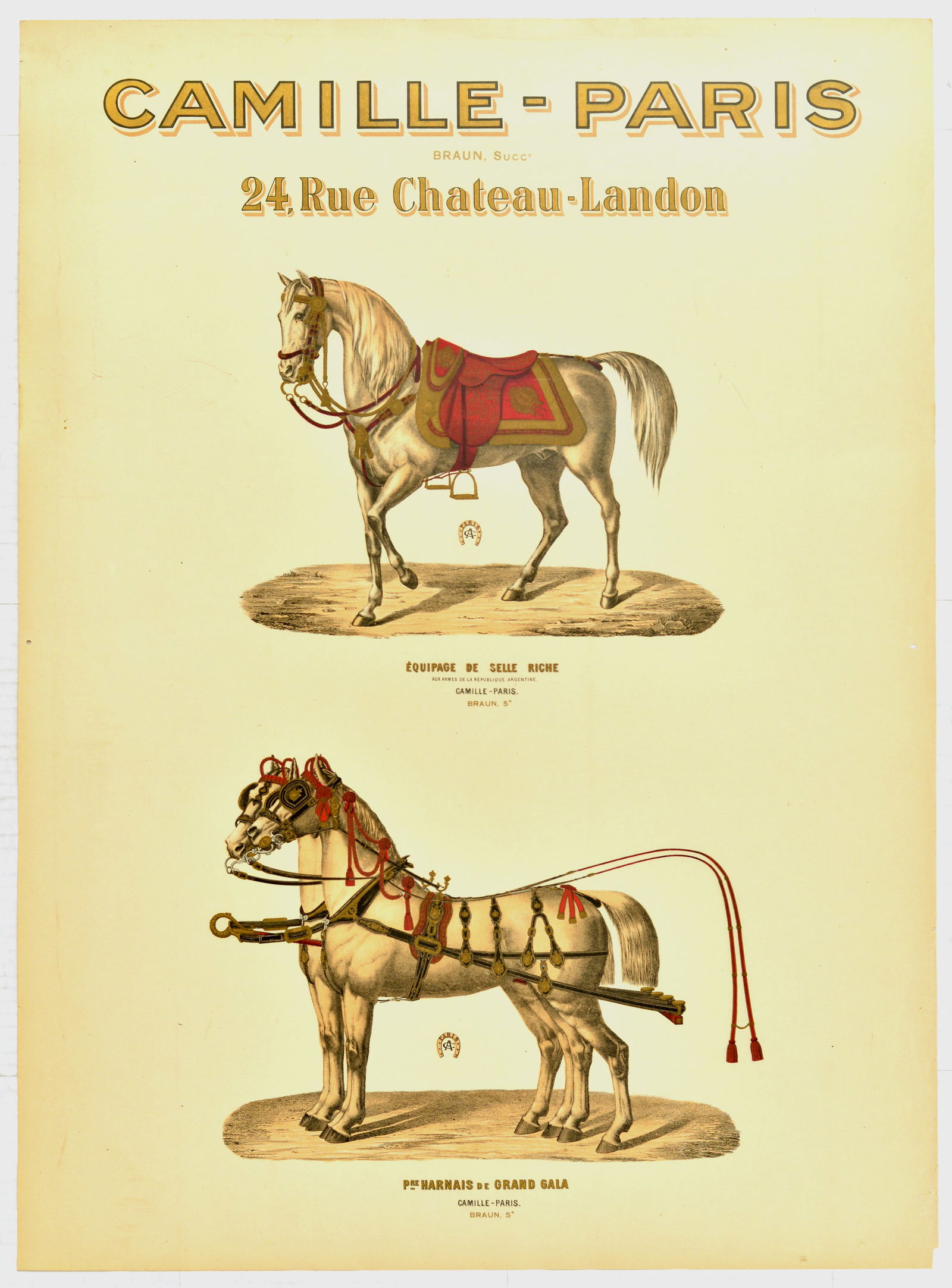 Advertising Poster Camille Paris Horse Harness: Original antique advertising poster for a French manufacturer of horse harnesses and saddles Camille - Paris at 24 Rue Chateau Landon in Paris, France. Pictures shows a horse in a single person equipm