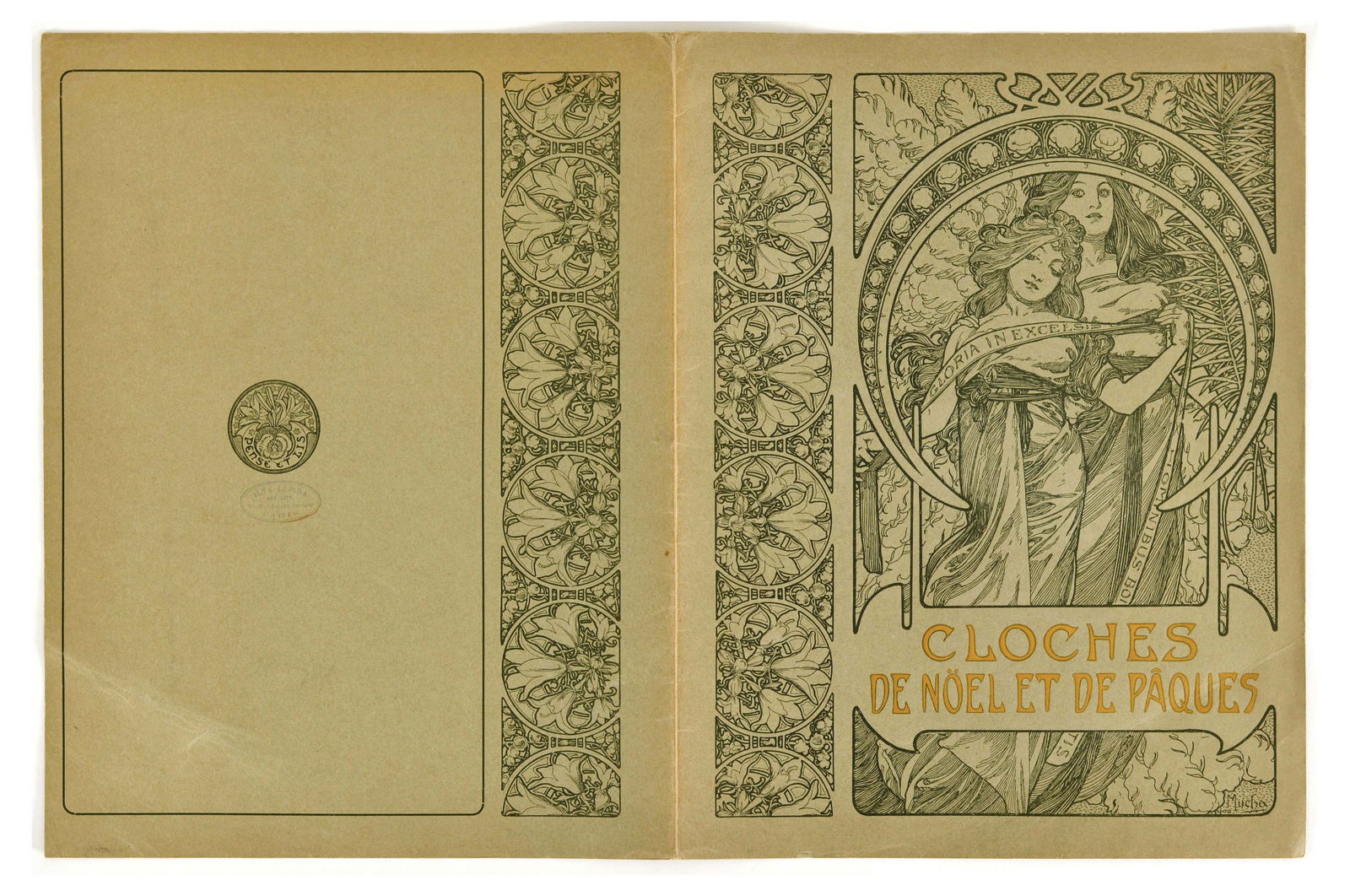 Advertising Poster Mucha Gebhart Cloches De Noel Et De Paques: Original antique Art Nouveau pages and cover from a book Cloches de Noel et de Paques by a French academic and writer Emile Gebhart (1839-1908) with cover and each page of text illustrated by the