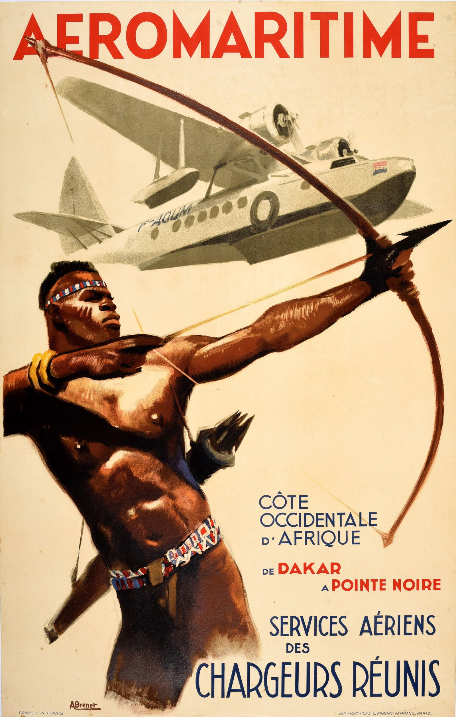 Advertising Poster Aeromaritime West Coast Africa Albert Brenet: Original vintage travel poster for Aeromaritime Cote Occidentale d'Afrique de Dakar a Pointe Noir Services Aeriens de Chargeurs Reunis / West Coast of Africa from Dakar in Senegal to Pointe Noir in th