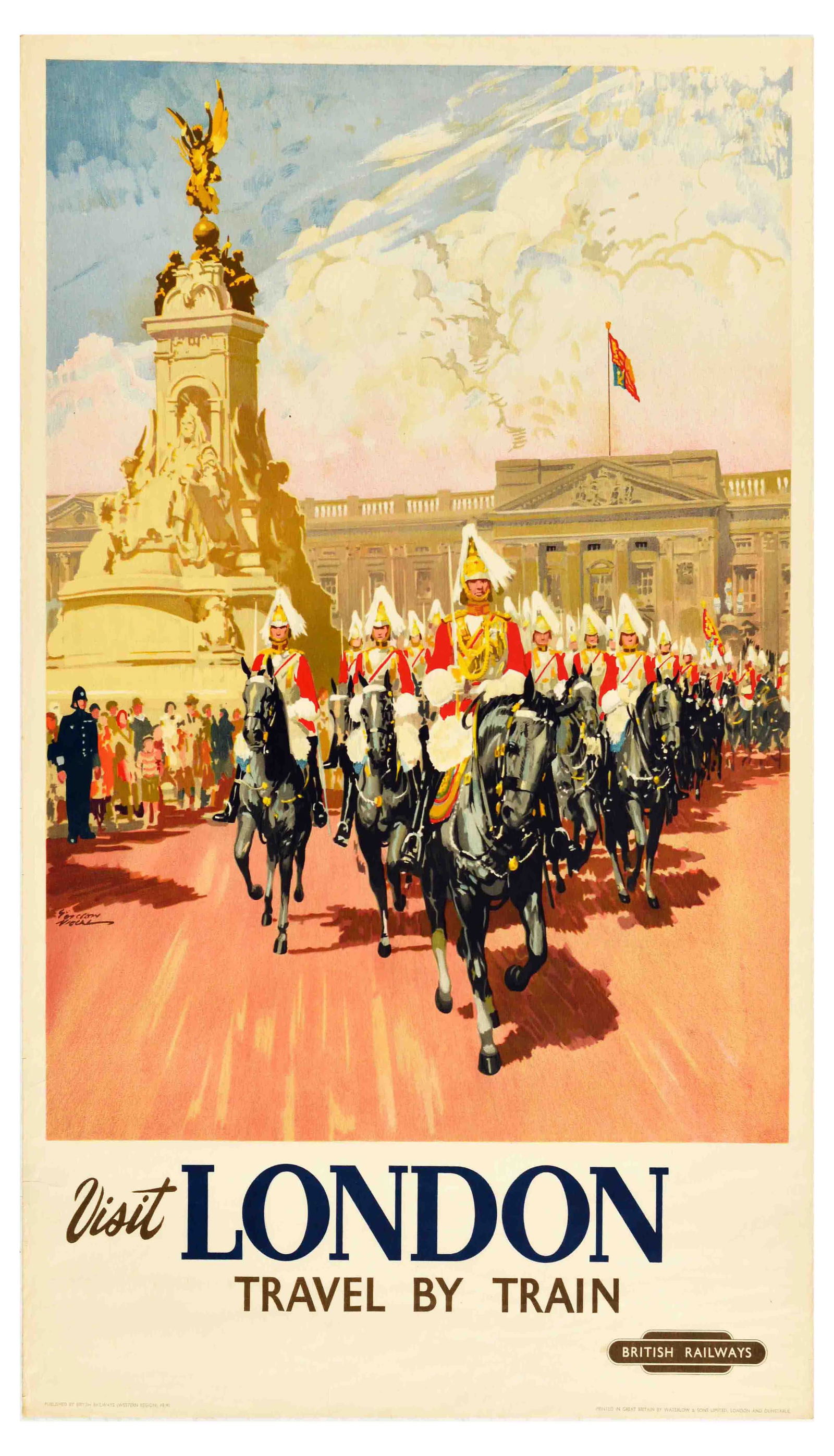 Travel Poster Visit London See Britain By Rail British Railways: Original vintage British Railways travel poster - Visit London See Britain by Rail - featuring colourful artwork by Gordon Nicoll (1888-1959) depicting a procession of Horse Guards riding towards the