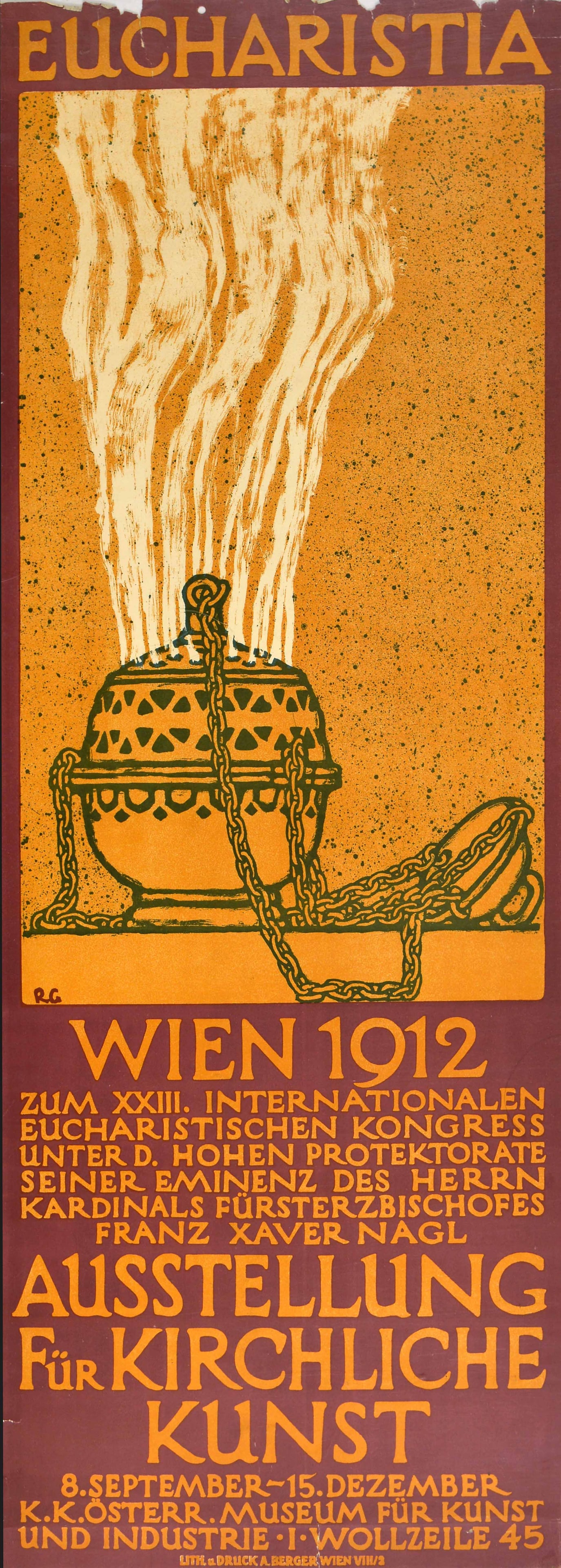 Advertising Poster Vienna Seccession Remigius Geyling Art Exhibition Eucharistic Congress Werkbund: Original antique art exhibition poster for the Wien 1912 zum XXIII Internationalen Eucharistischen Kongress unter D. Hohen protektorate seiner eminenz des Herrn Kardinals fursterzbischofes Franz