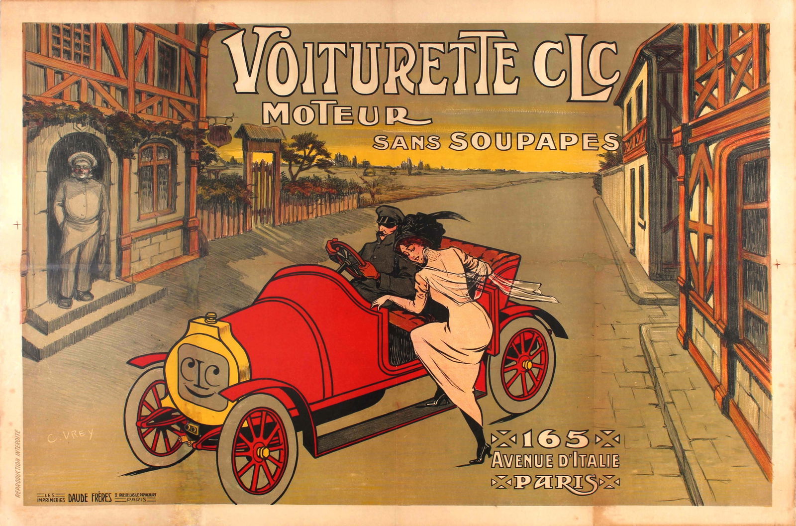 Advertising Poster Voiturette CLC Early Classic Car Belle Epoque France: Advertising Poster Voiturette CLC Early Classic Car Belle Epoque France. Original antique early car advertising poster for the Voiturette CLC miniature automobile Moteur sans soupapes / Engine without