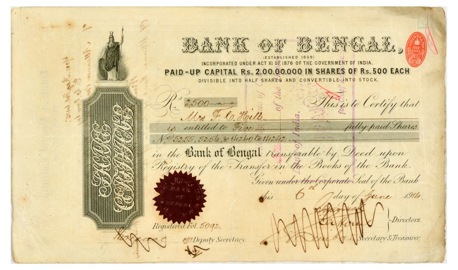 Advertising Poster Bank of Bengal Shares Calcutta India: Original antique Bank of Bengal shares certificate issued to Mrs F. Hill on 6 June 1914, featuring stylised writing and embossed stamps, the reverse features the record of share transfers. Founded in