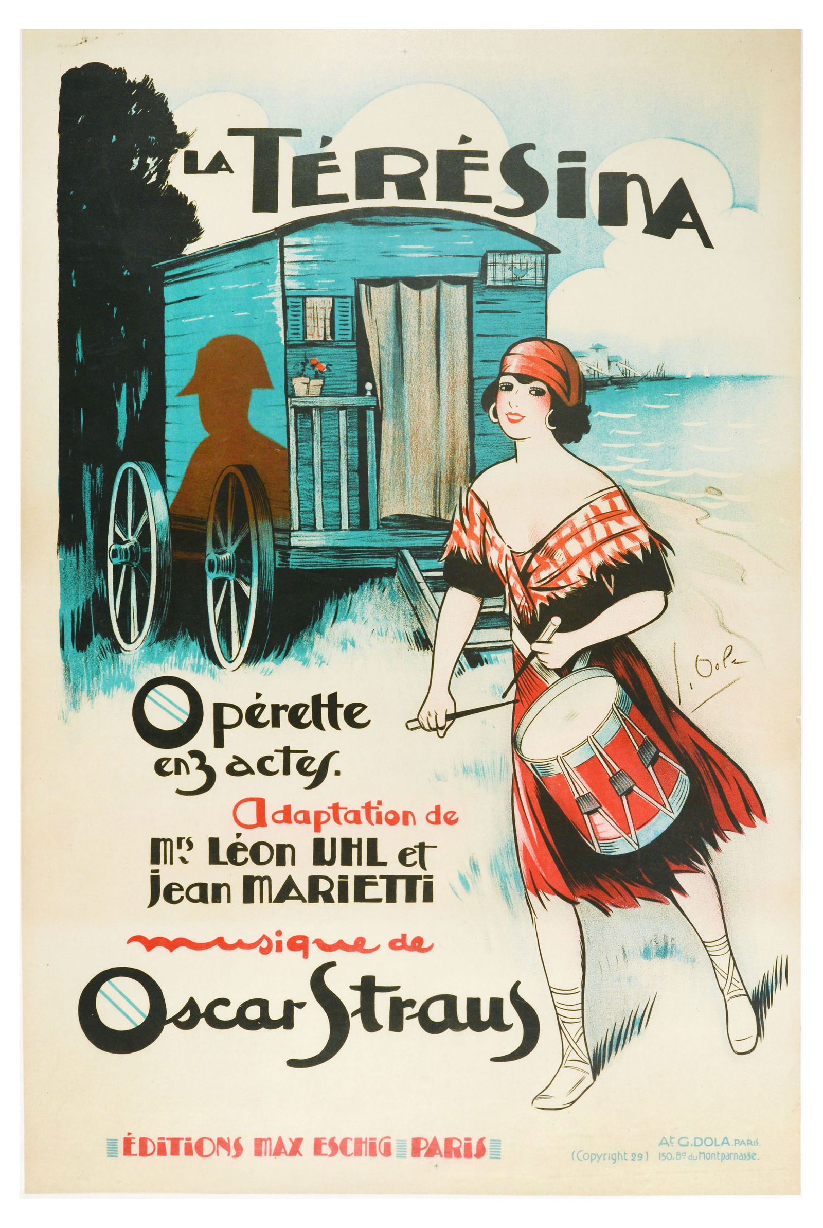 Advertising Poster Teresina French Operetta Oscar Straus Georges Dola: Advertising Poster Teresina French Operetta Oscar Straus Georges Dola. Original vintage advertising poster for a French three-act operetta La Teresina, adaptation by Mrs. Leon Uhl and Jean Marietti,