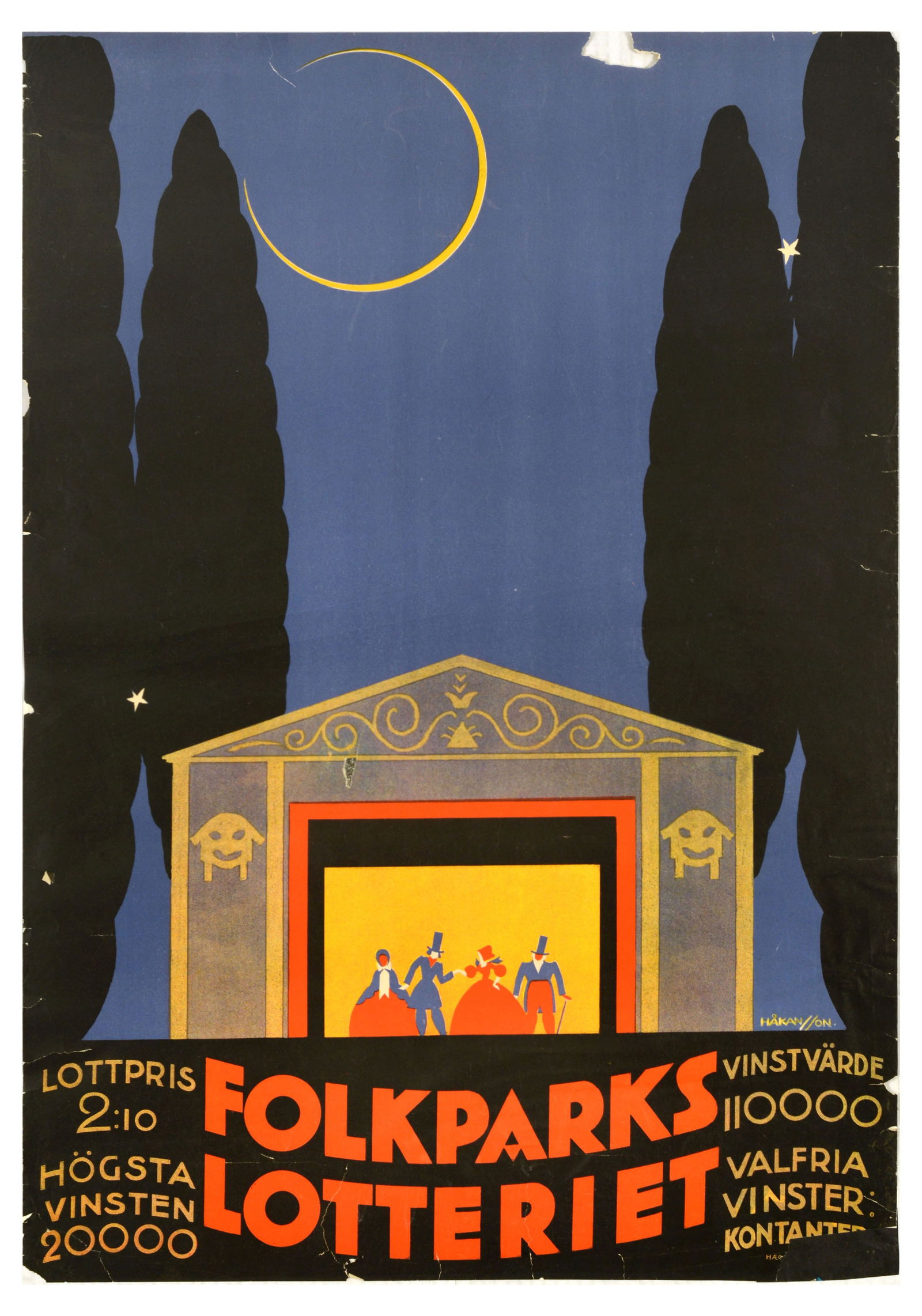 Advertising Poster Art Deco Folkparks Lottery Gunnar Hakansson: Original vintage advertising poster for Folk Park Lottery / Folkparks Lotteriet - Artwork by Gunnar Hakansson (1891-1968) features smartly dressed people standing on an illuminated stage at night