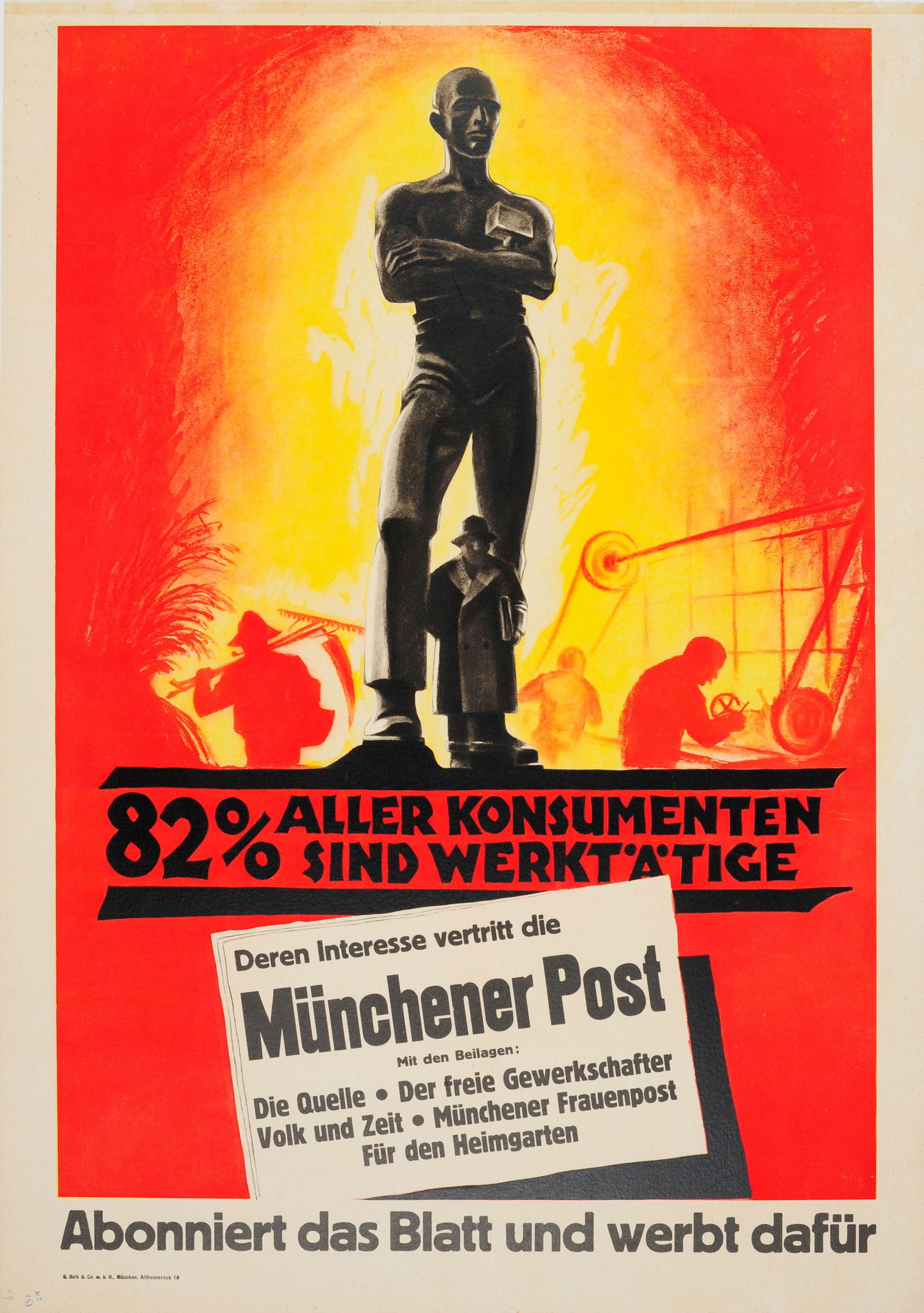 Advertising Poster Munchener Post Newspaper Art Deco Modernism: Original vintage German advertising poster for the Munchener Post / Munich newspaper "82% Aller Konsumenten Sind Werktatige - Abonniert Das Blatt Und Werbt Dafur" (82% of consumers are working –
