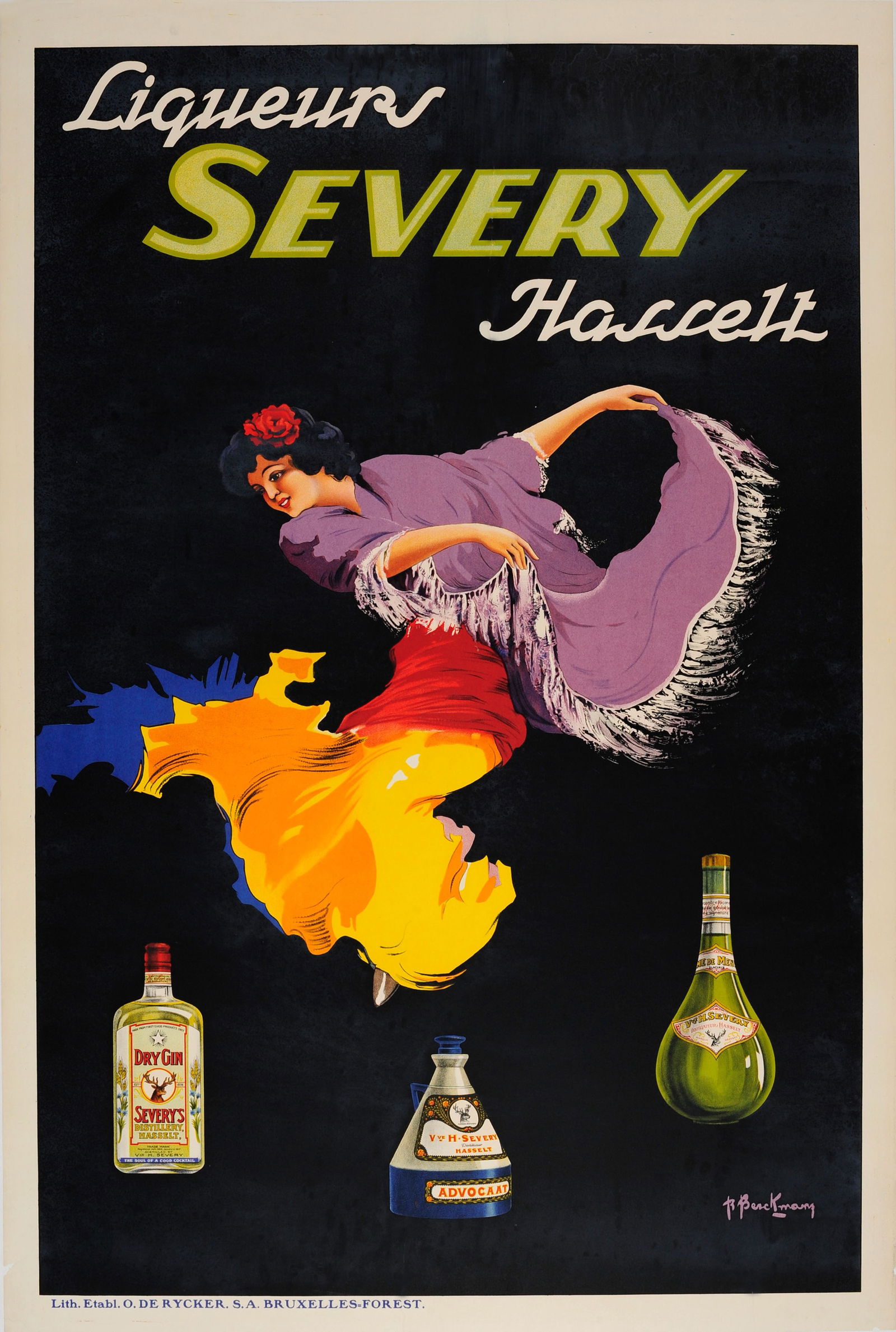Flamenco Dancer Poster Liqueurs Severy Hasselt Gin Advocaat Creme De Menthe: Advertising Poster Liqueurs Severy Hasselt Gin Advocaat Creme De Menthe. Original vintage drink advertising poster for Liqueurs Severy Hasselt featuring great artwork by Roger Berckmans (b. 1900) of a
