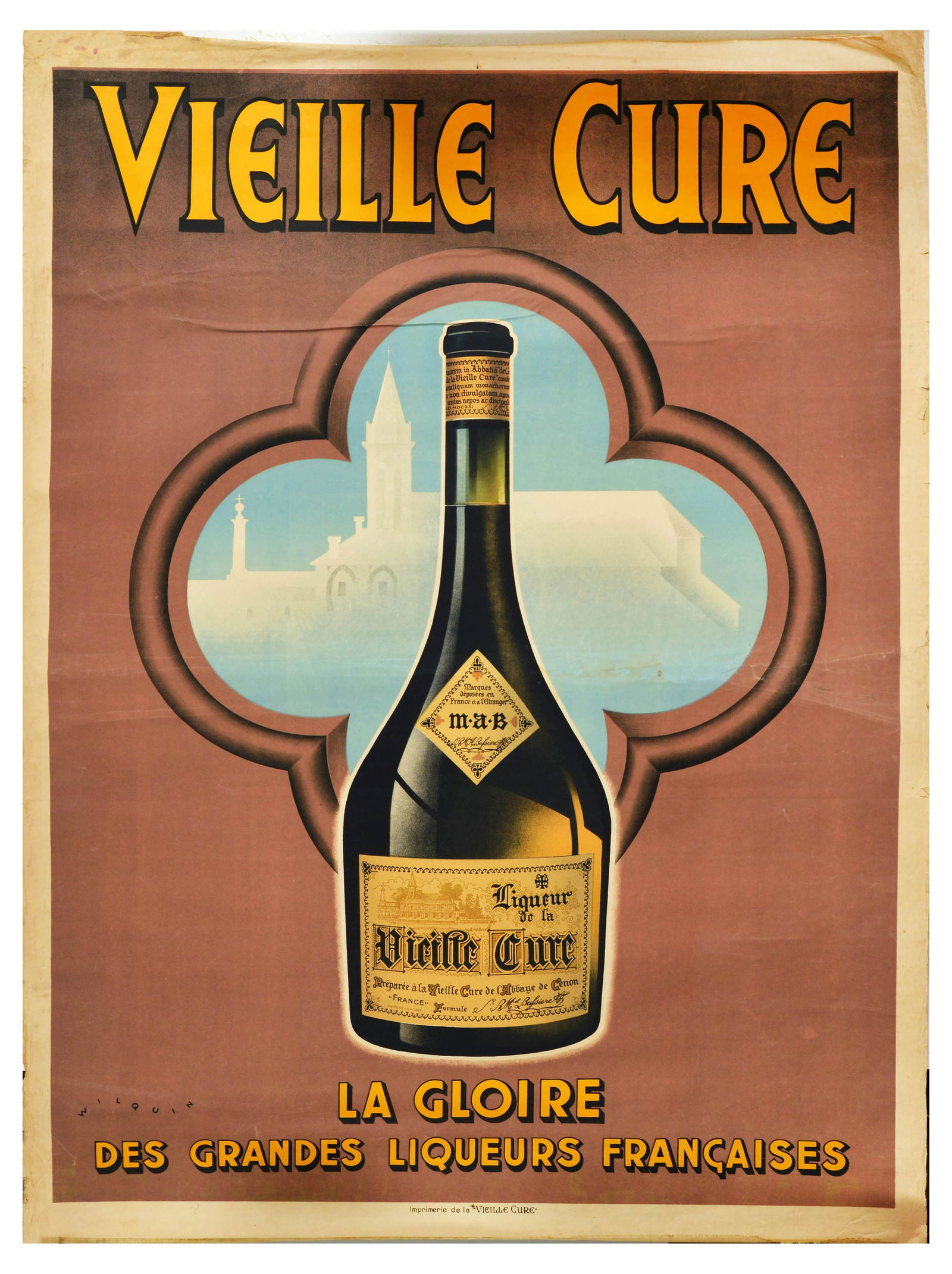 Advertising Poster Vielle Cure Liquor Alcohol Abbey De Cenon: Advertising Poster Vielle Cure Liquor Alcohol Abbey De Cenon. Original vintage advertising poster Vieille Cure The Glory of Great French Liqueurs, featuring an illustration of a Cenon Abbey liquor bot