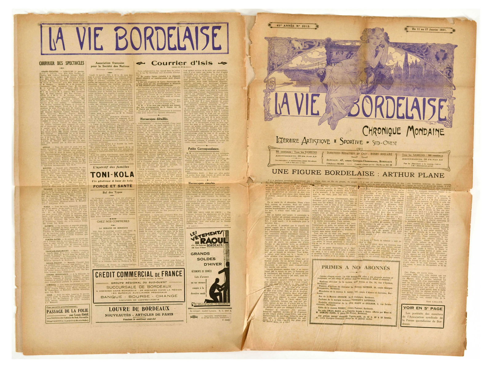 Advertising Poster La Vie Bordelaise Newspaper Alphonse Mucha 1931: Original antique newspaper La Vie Bordelaise issue No. 2012 for 11-17 January 1931, featuring a cover image by the notable Czech illustrator, graphic artist and painter Alphonse Mucha (Alfons Maria Mu