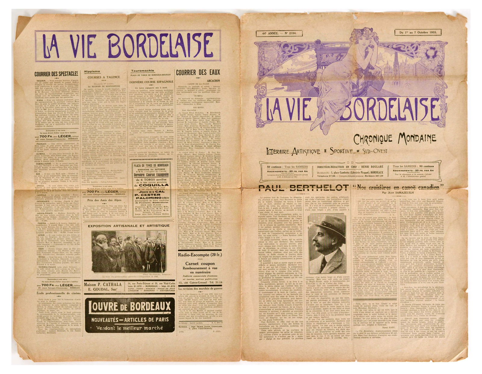 Advertising Poster La Vie Bordelaise Newspaper Alphonse Mucha 1933: Original antique newspaper La Vie Bordelaise issue No. 2154 for 1-7 October 1933, featuring a cover image by the notable Czech illustrator, graphic artist and painter Alphonse Mucha (Alfons Maria Much